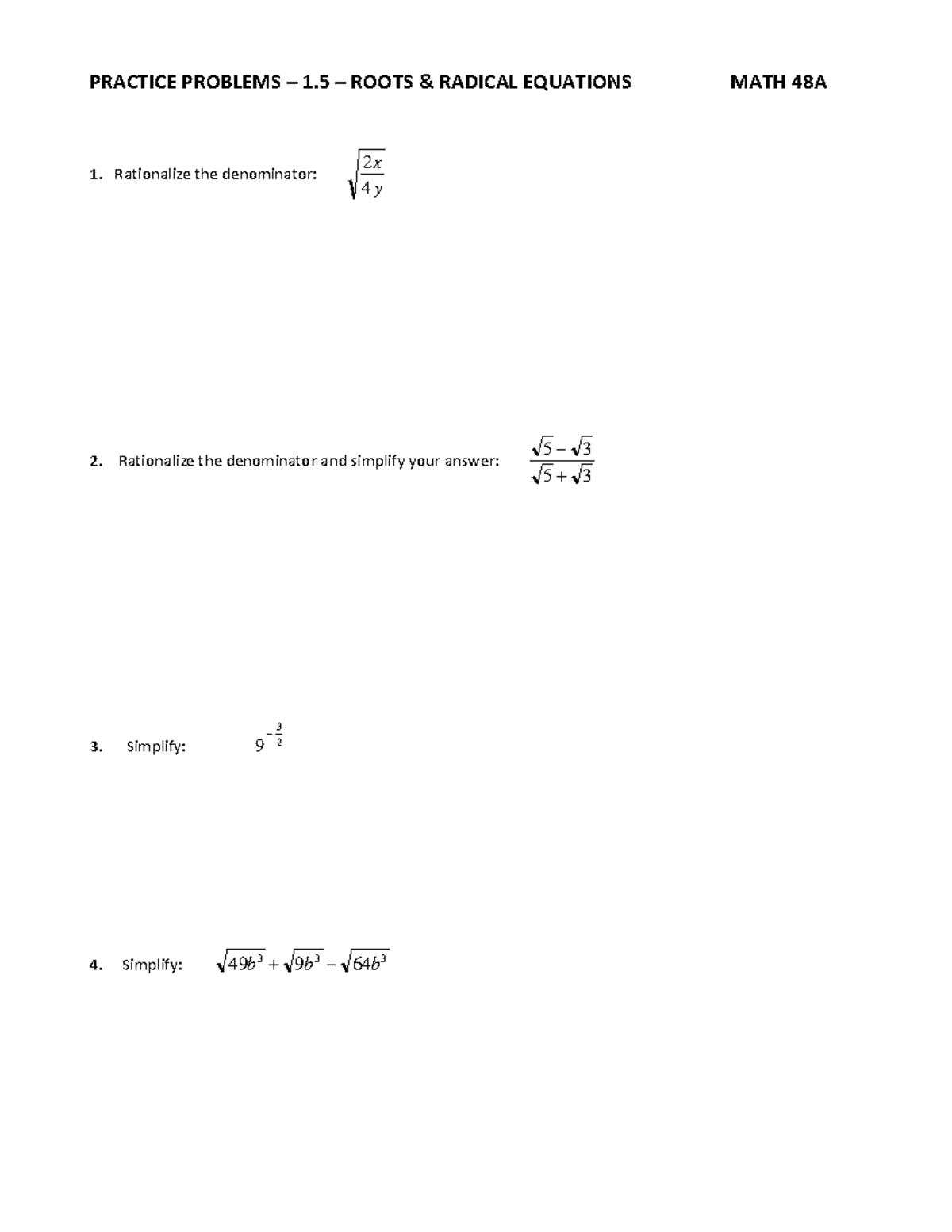 MATH 48A Practice Problems: Roots & Radical Equations - Studocu