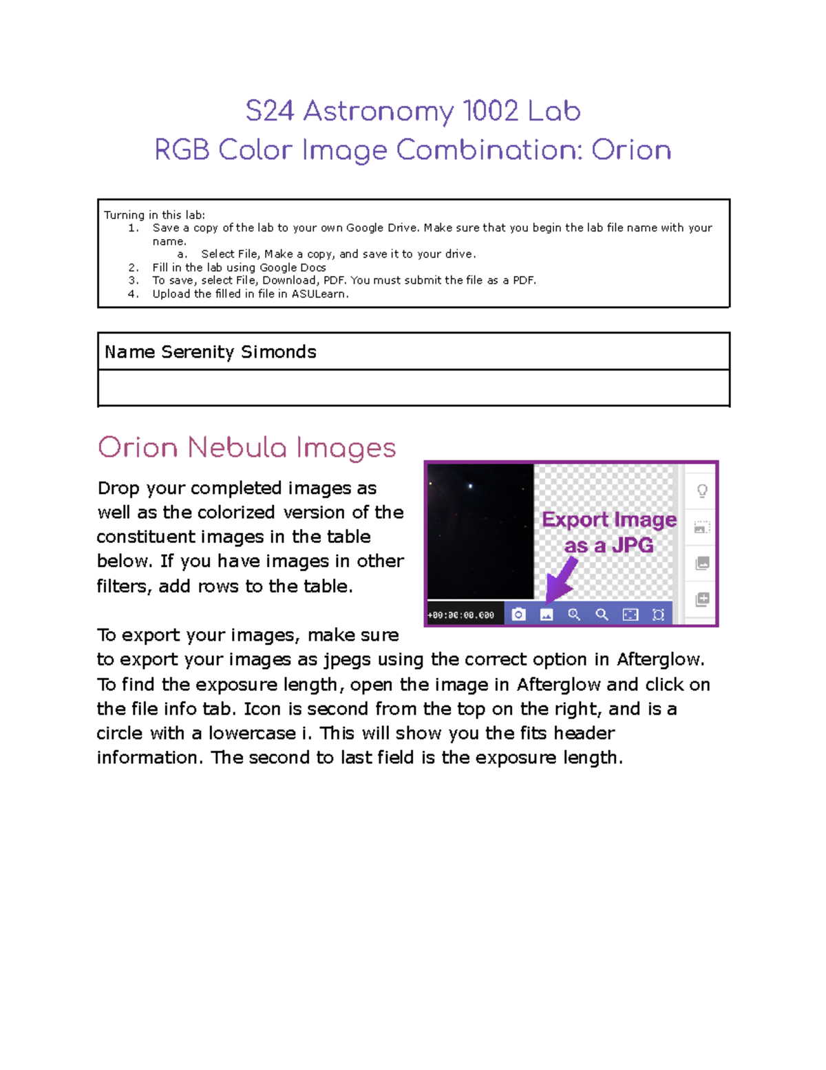 Copy of S24 Orion RGB Lab Answer Sheet - S24 Astronomy 1002 Lab RGB ...