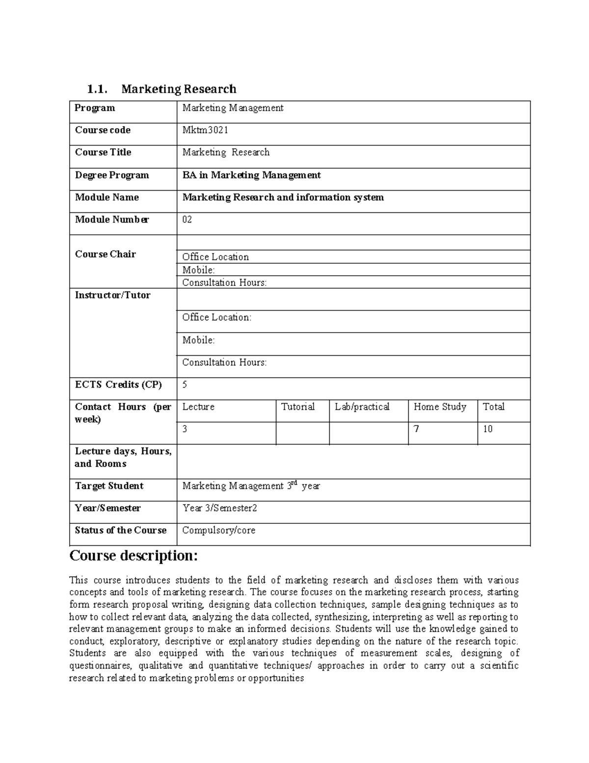 Mktm 2023 Marketing Research Course Outline and Learning Modules - Studocu