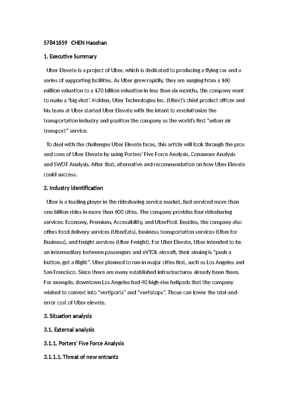 case analysis example - 57841659 CHEN Haoshan Executive Summary Uber ...