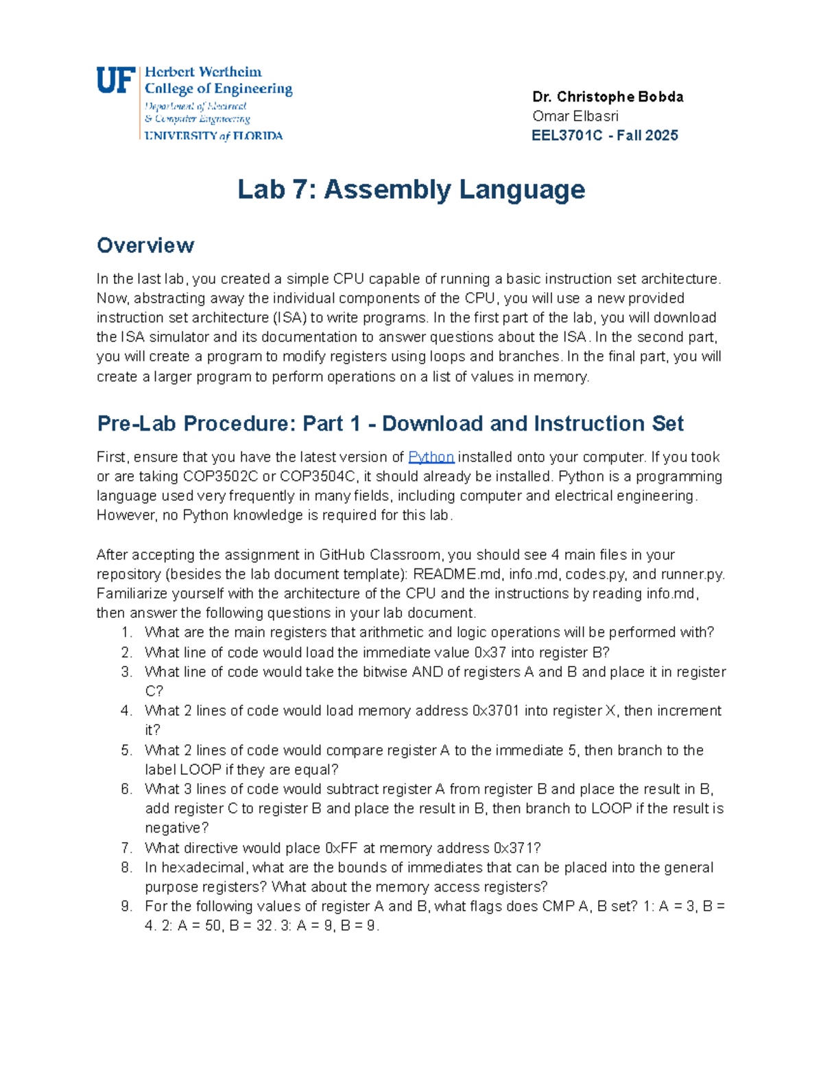 EEL3701C Fall 2025 Lab 7: Assembly Language and Register Operations ...
