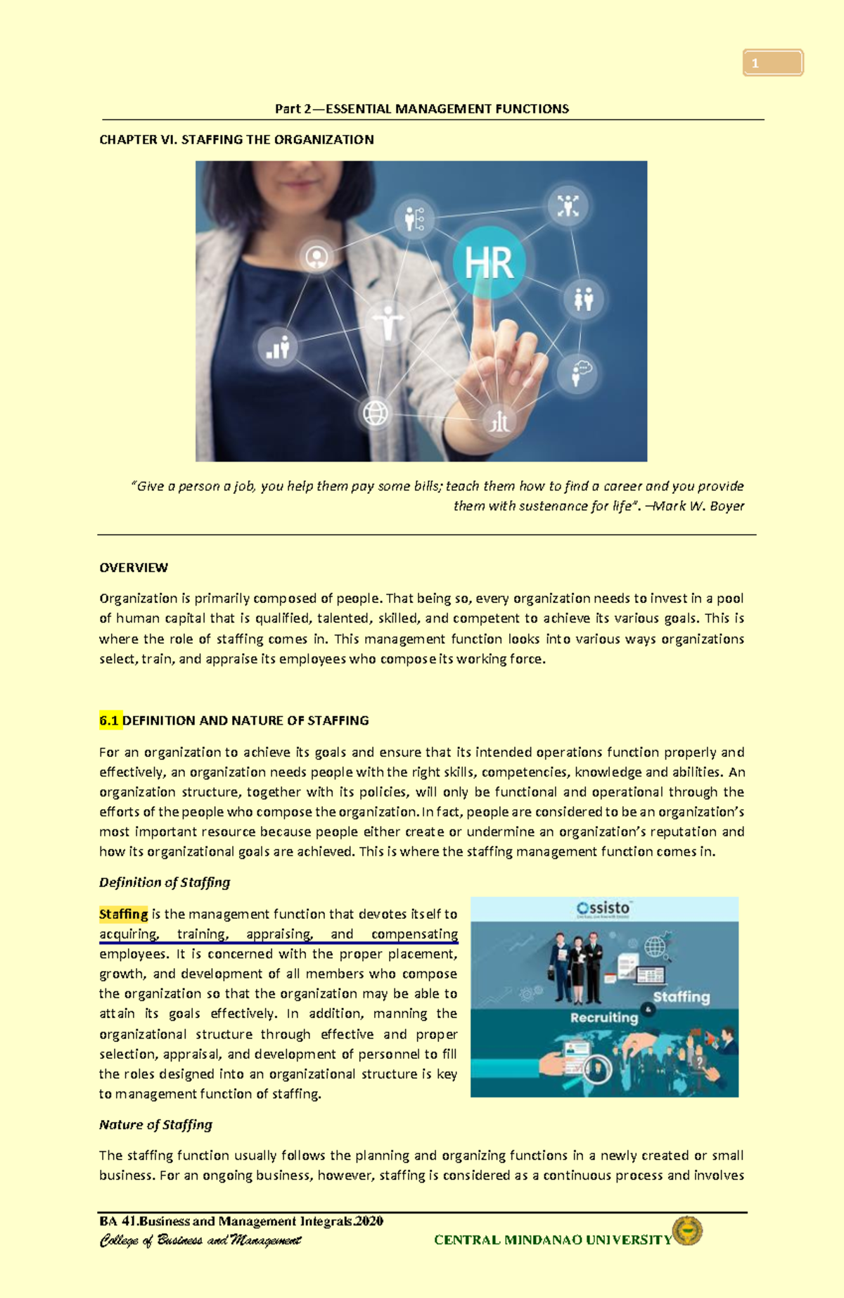 BA 41 Management Functions: Chapter 6 - Staffing the Organization - Studocu
