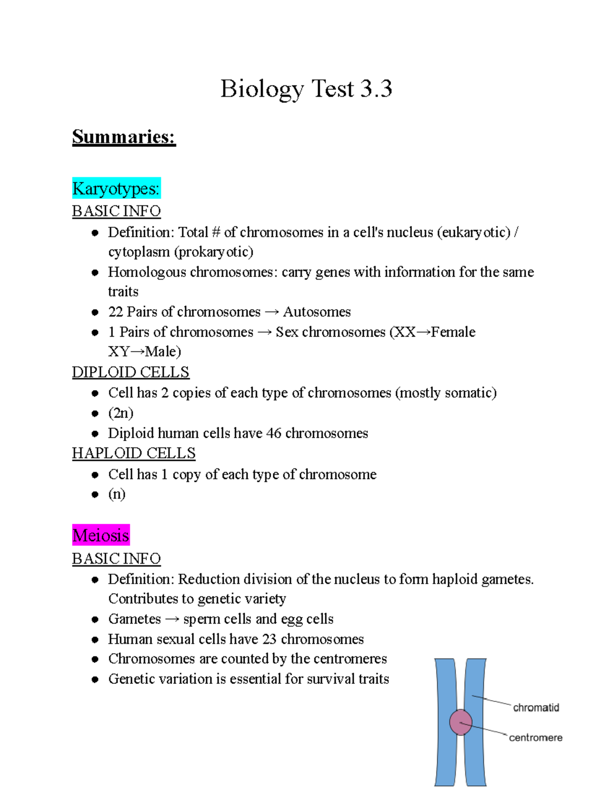 Biology Test 3 - Karyotypes & Meiosis Summary Notes - Studocu
