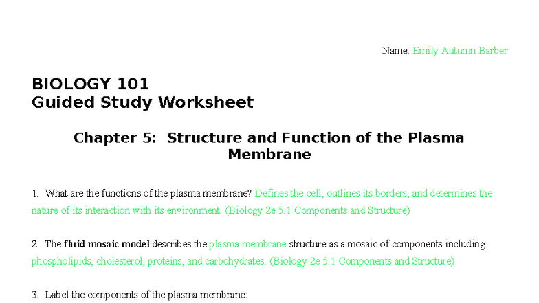 BIO 101 C5 Worksheet: Plasma Membrane Structure & Function Study Guide ...