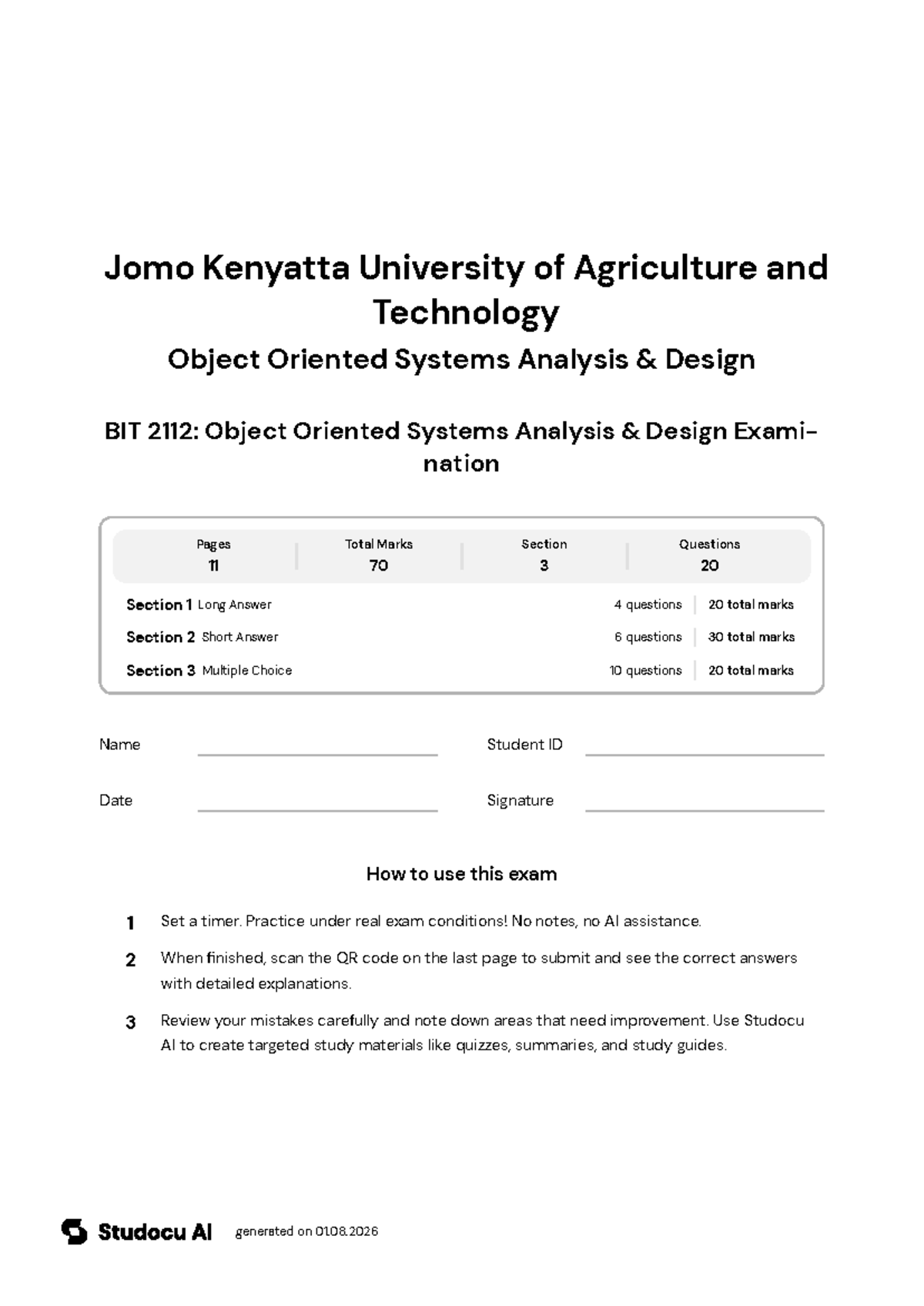 BIT 2112: Object Oriented Systems Analysis & Design Exam - Studocu