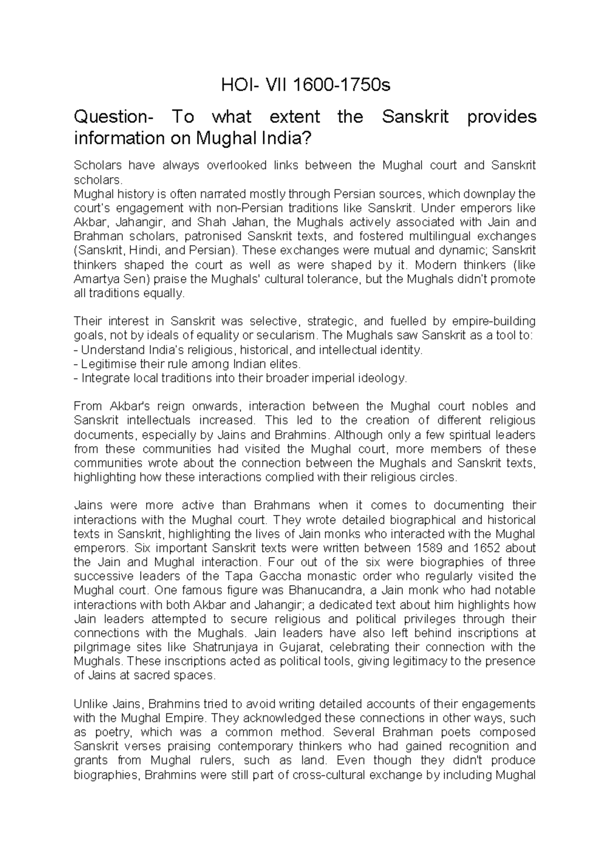 HOI 7 IA - The Role of Sanskrit in Understanding Mughal India - Studocu