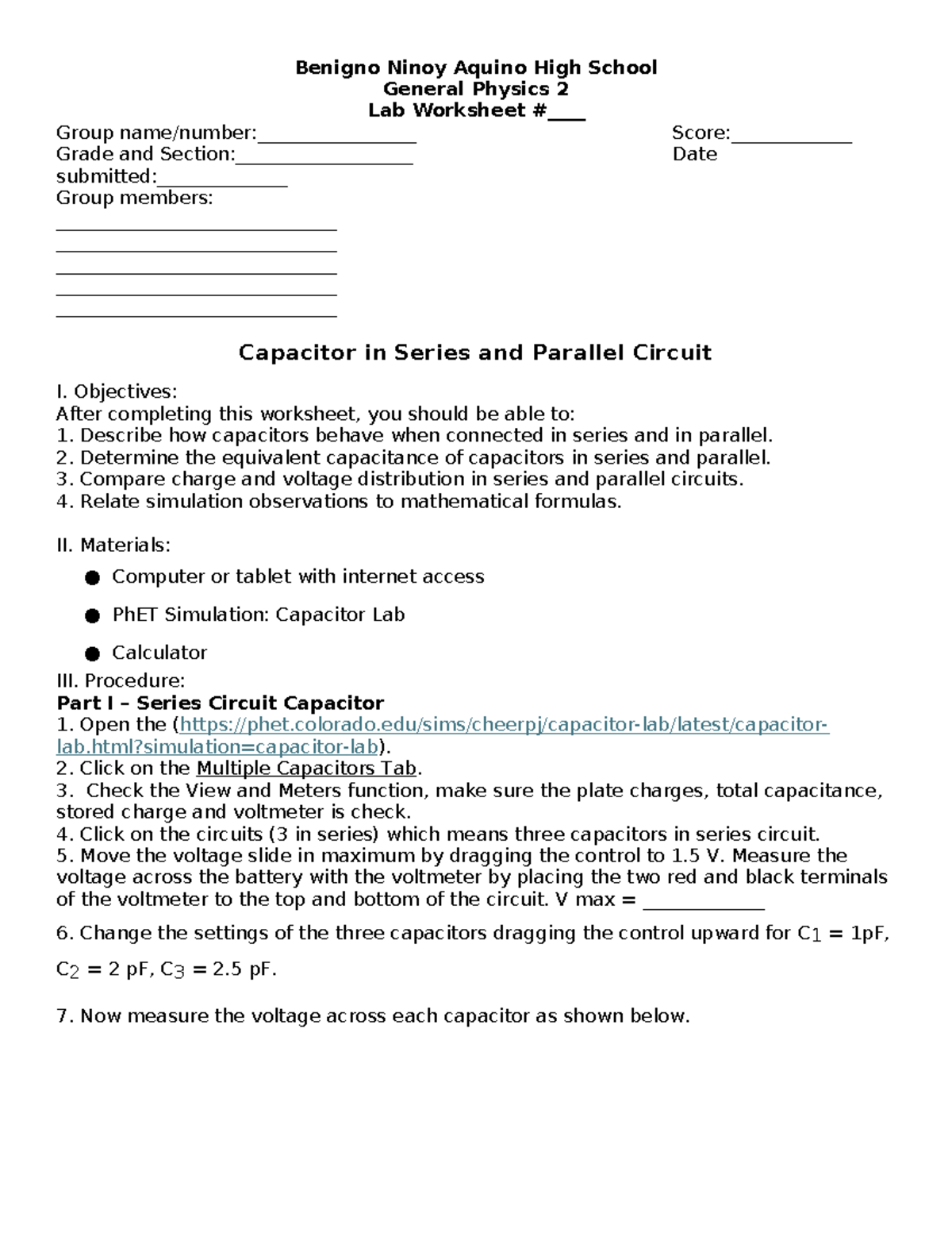 General Physics 2 Lab: Series & Parallel Capacitor Worksheet - Studocu