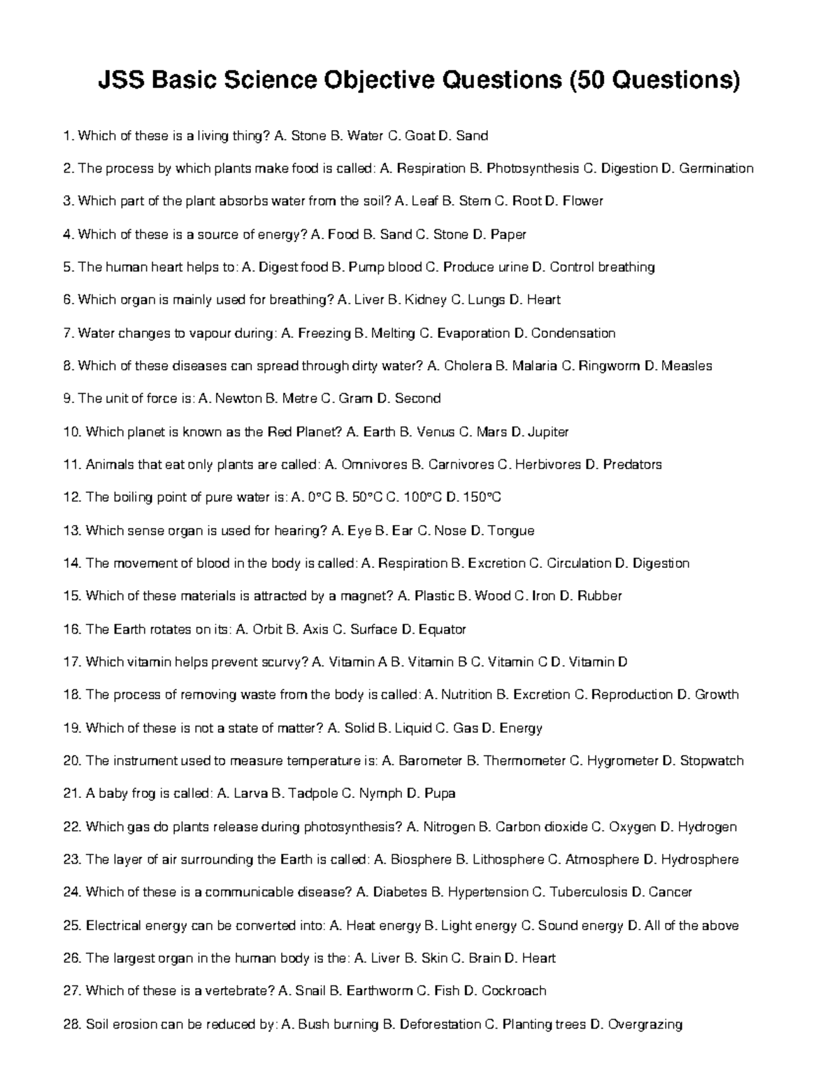 JSS Basic Science Quiz: 50 Objective Questions & Answers - Studocu