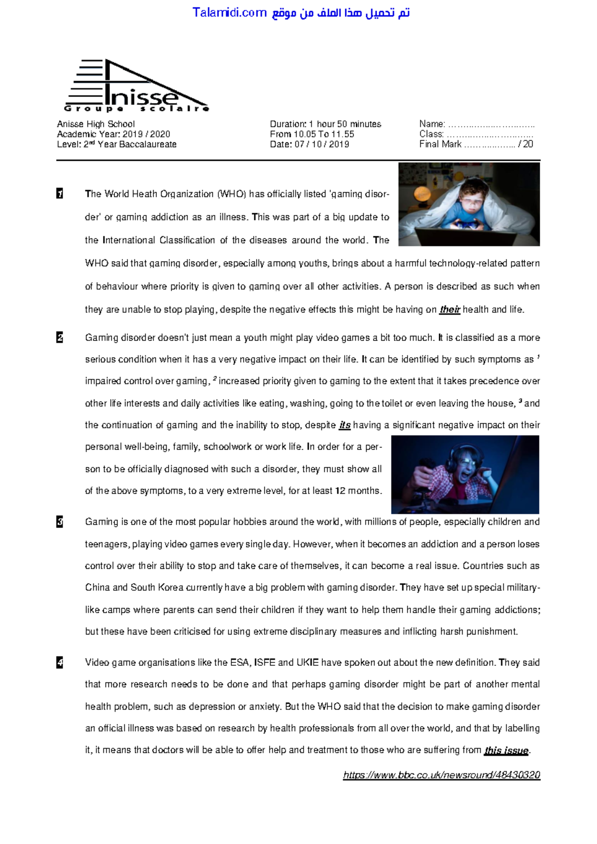 Talamidi - Final Exam on Gaming Disorder and Its Impacts - Studocu