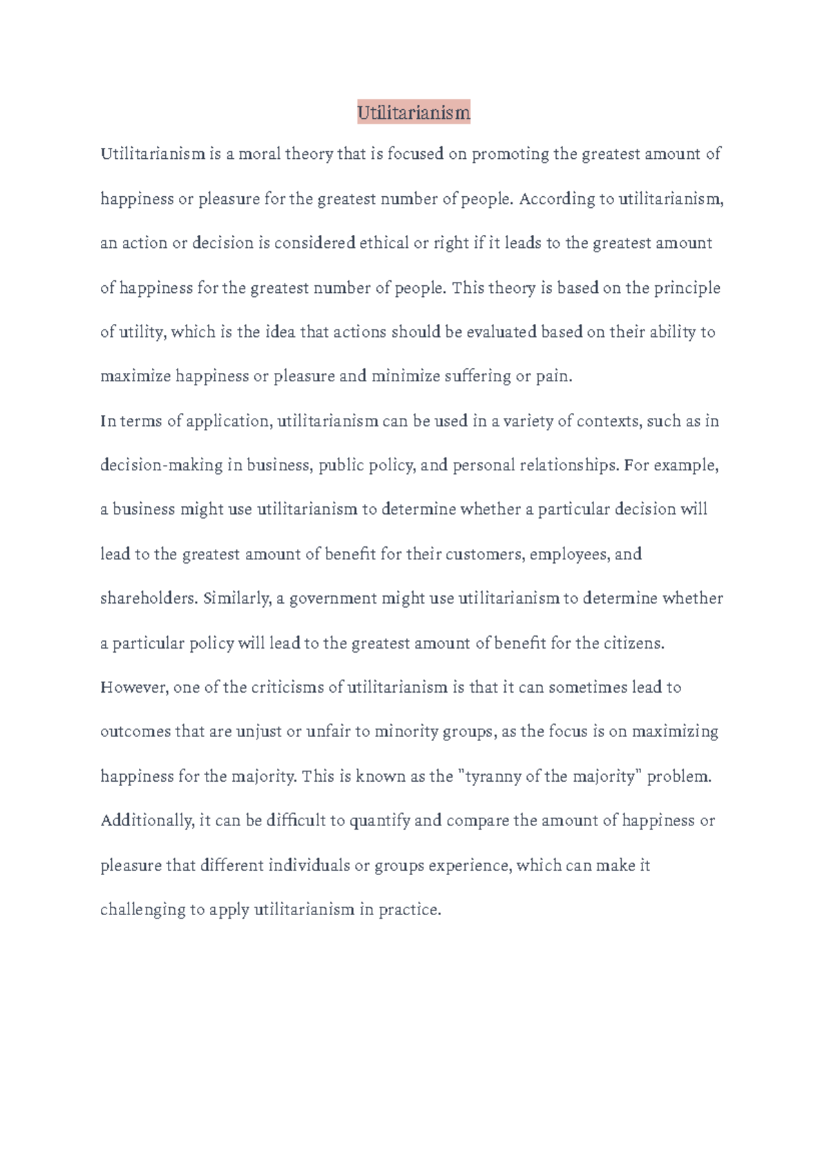 Utilitarianism Overview: Key Concepts, Applications & Critiques - Studocu