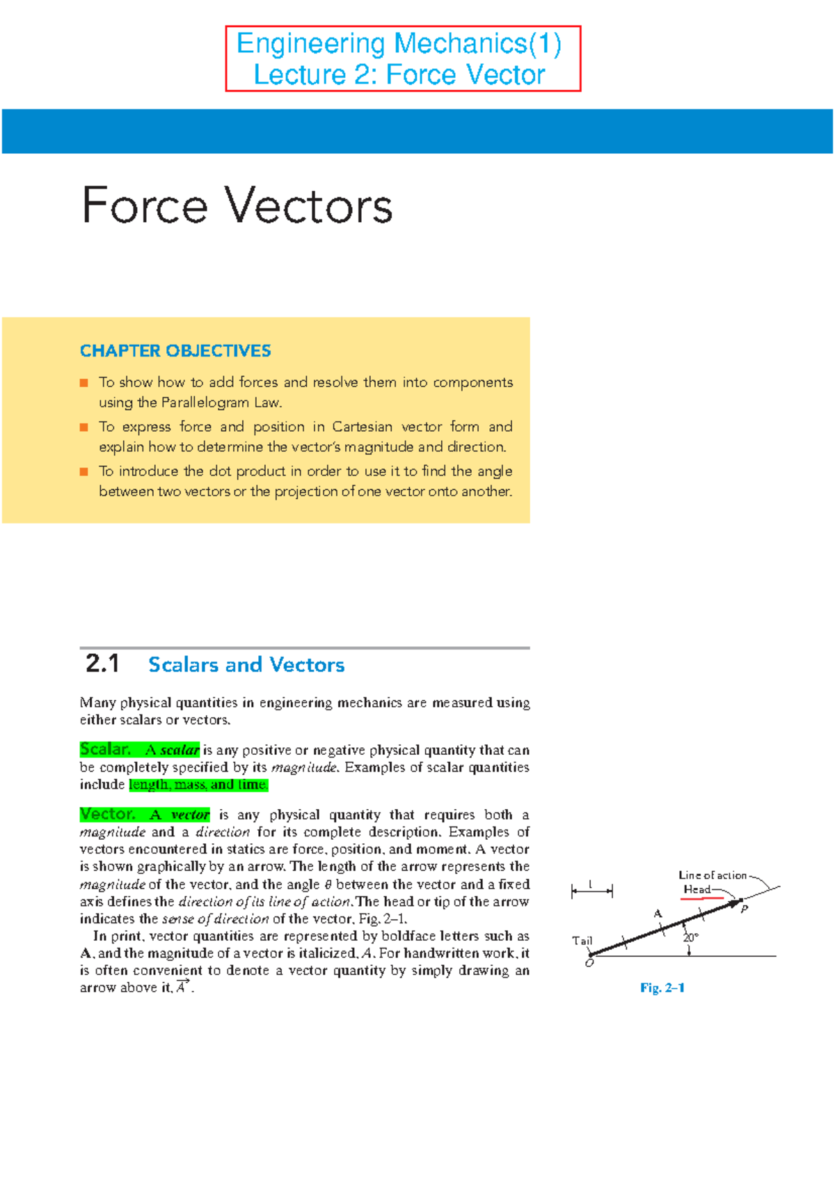 Engineering Mechanics(1) Lecture 2: Force Vectors and Their Operations ...