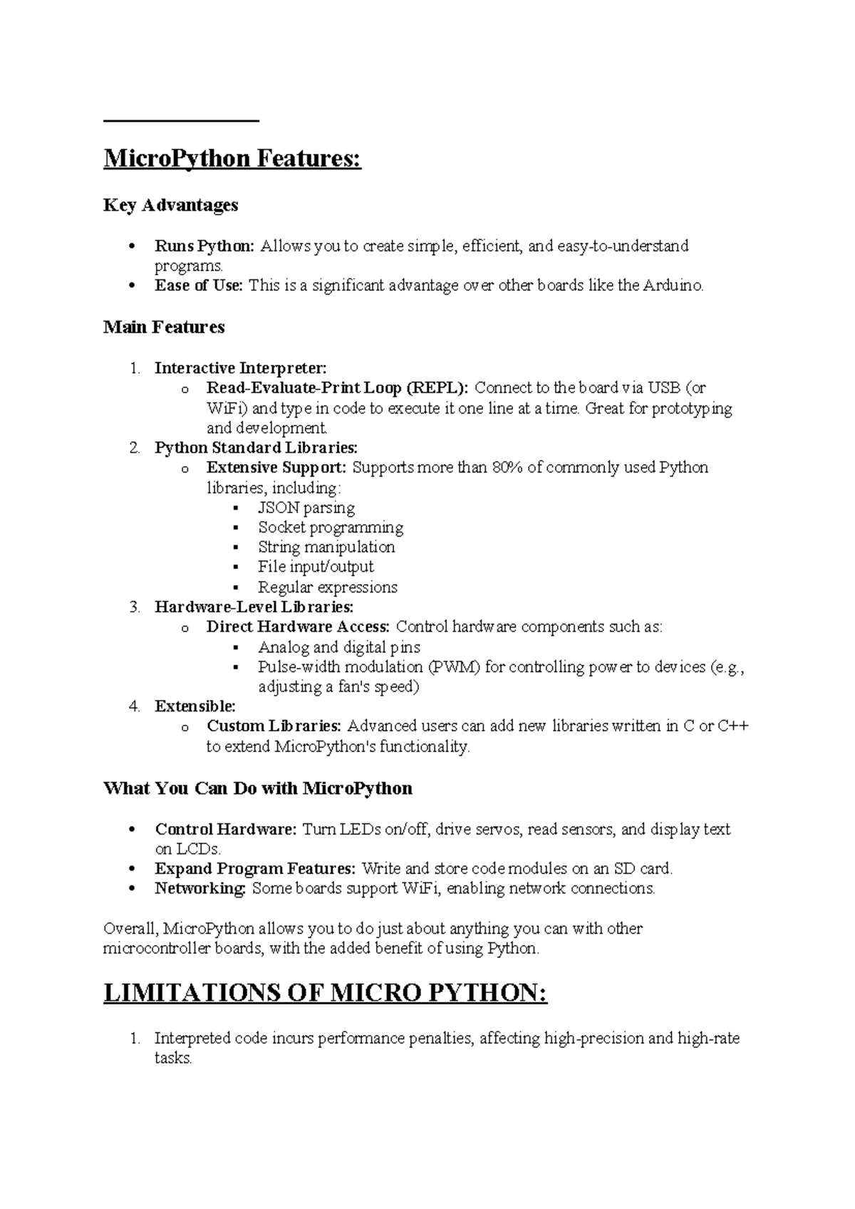 PL UNIT-2 - Comprehensive Notes on MicroPython Features and Limitations ...