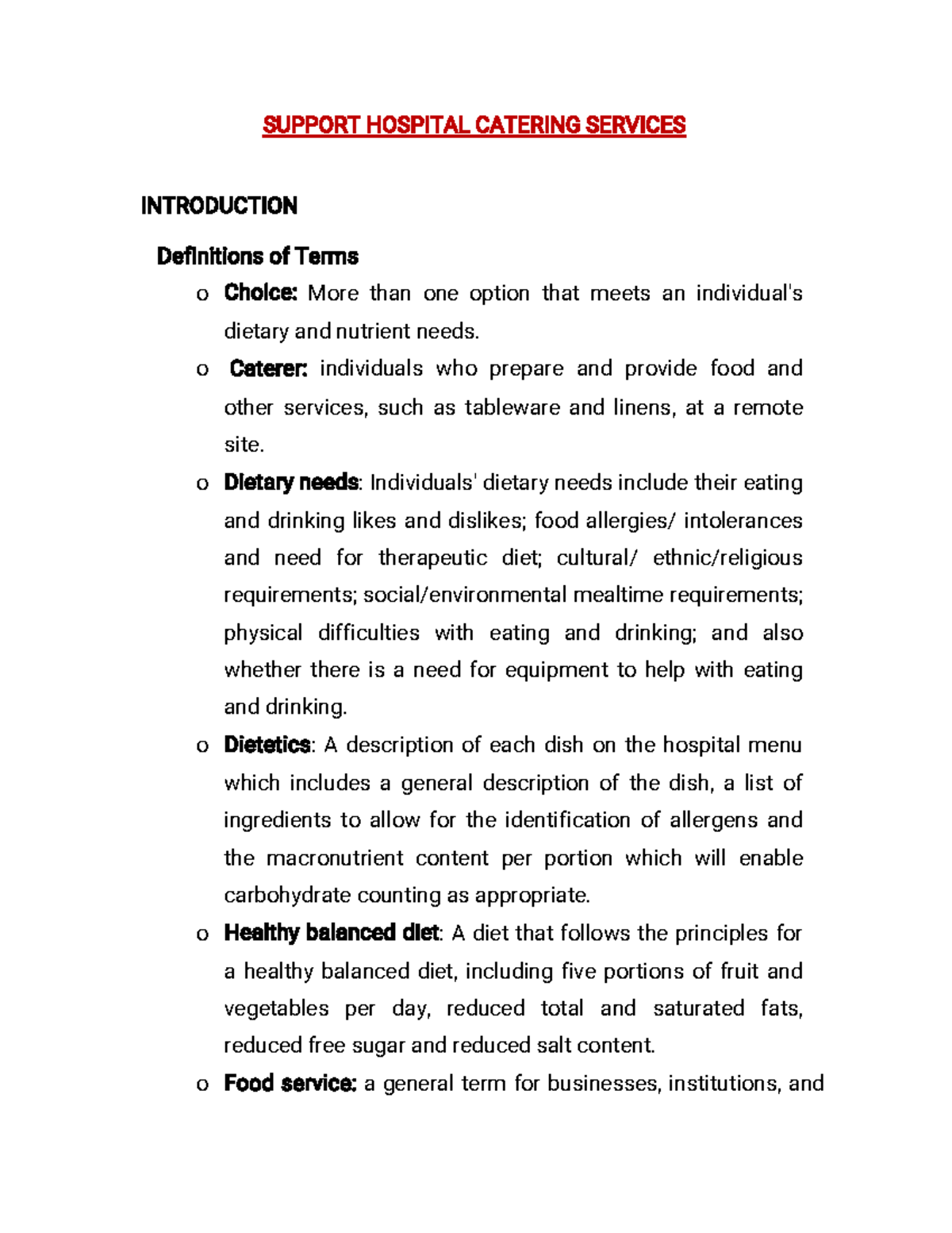 Support Hospital Catering Services: Key Definitions and Objectives ...