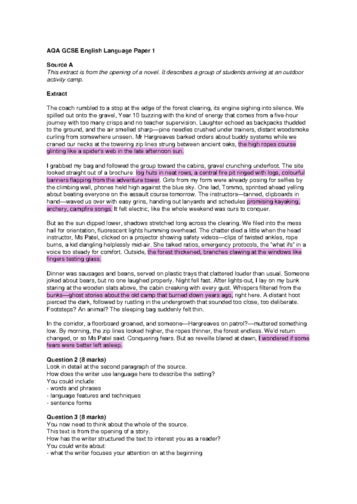 AQA GCSE English Language Paper 1: Extract Analysis and Questions - Studocu