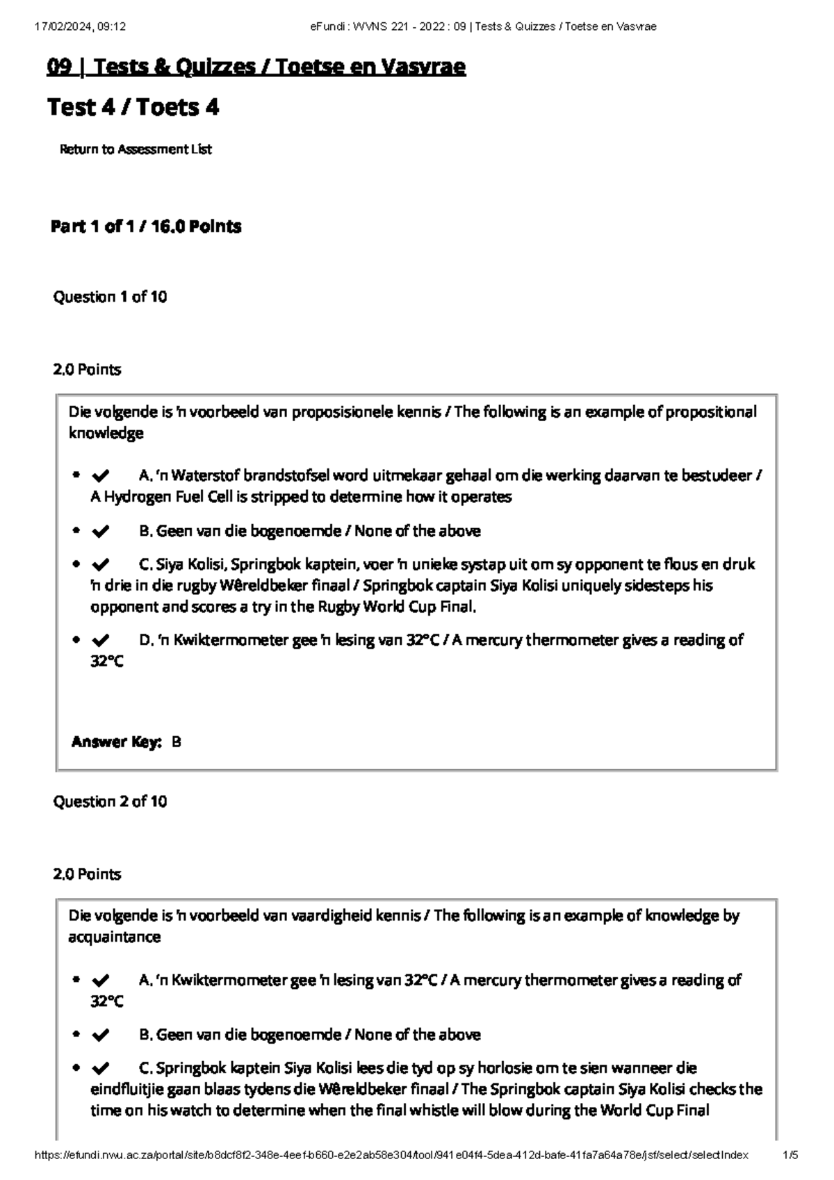 E Fundi WVNS 221 - 2022 09 Tests & Quizzes Toetse en Vasvrae TEST4 - 09 ...