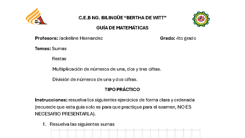 Guia de Math (4th grade) - C.E NG. BILINGÜE “BERTHA DE WITT” GUÍA DE ...