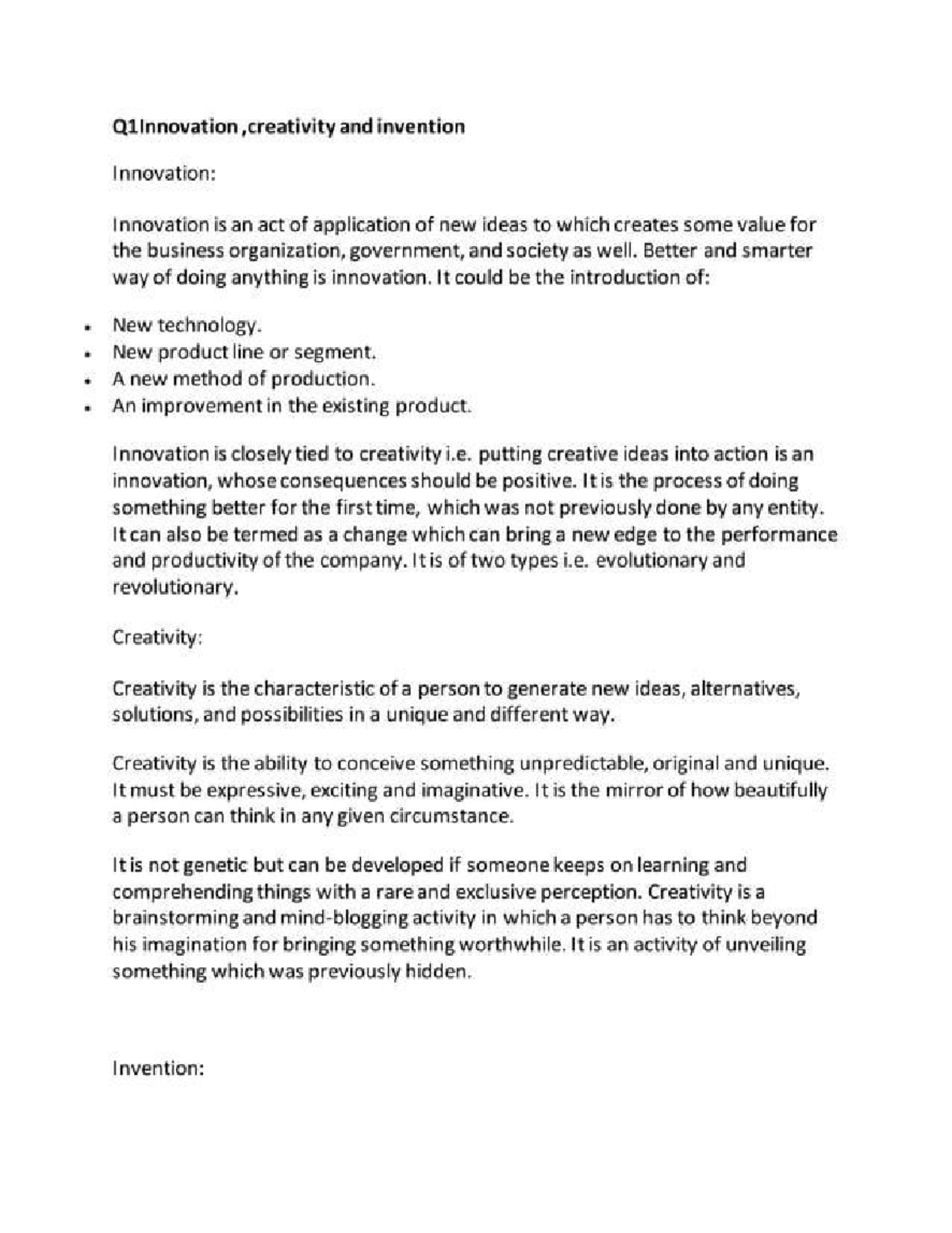 Innovation - NOTES - Q1Innovation ,creativity and invention Innovation ...