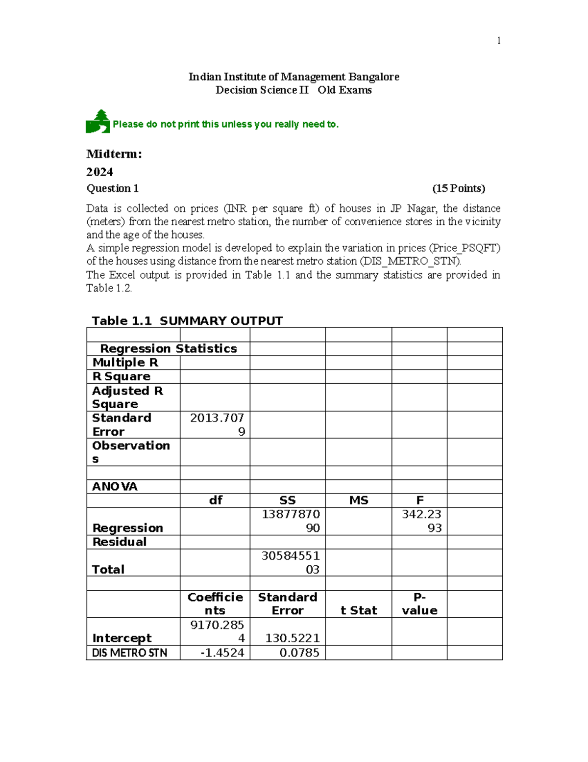 DS II - Old Midterm Exams 2025: Regression Analysis Insights - Studocu