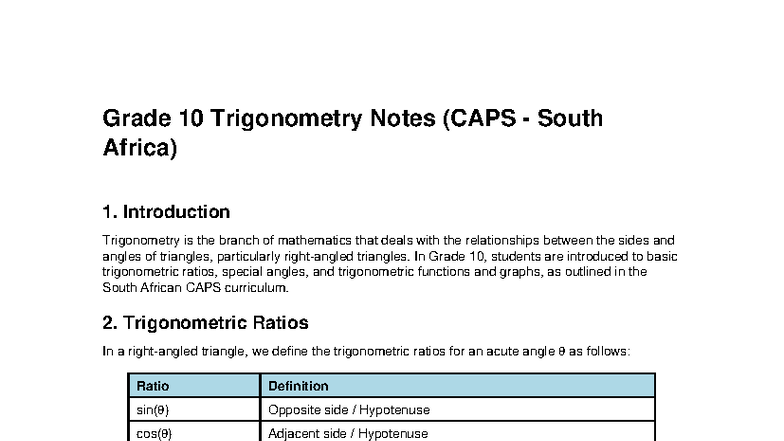 Grade 10 Trigonometry Notes (CAPS SA) - Key Concepts & Ratios - Studocu