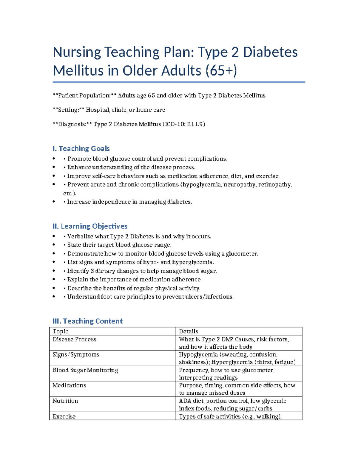 Nursing Teaching Plan: Type 2 Diabetes Mellitus in Older Adults (E11.9 ...