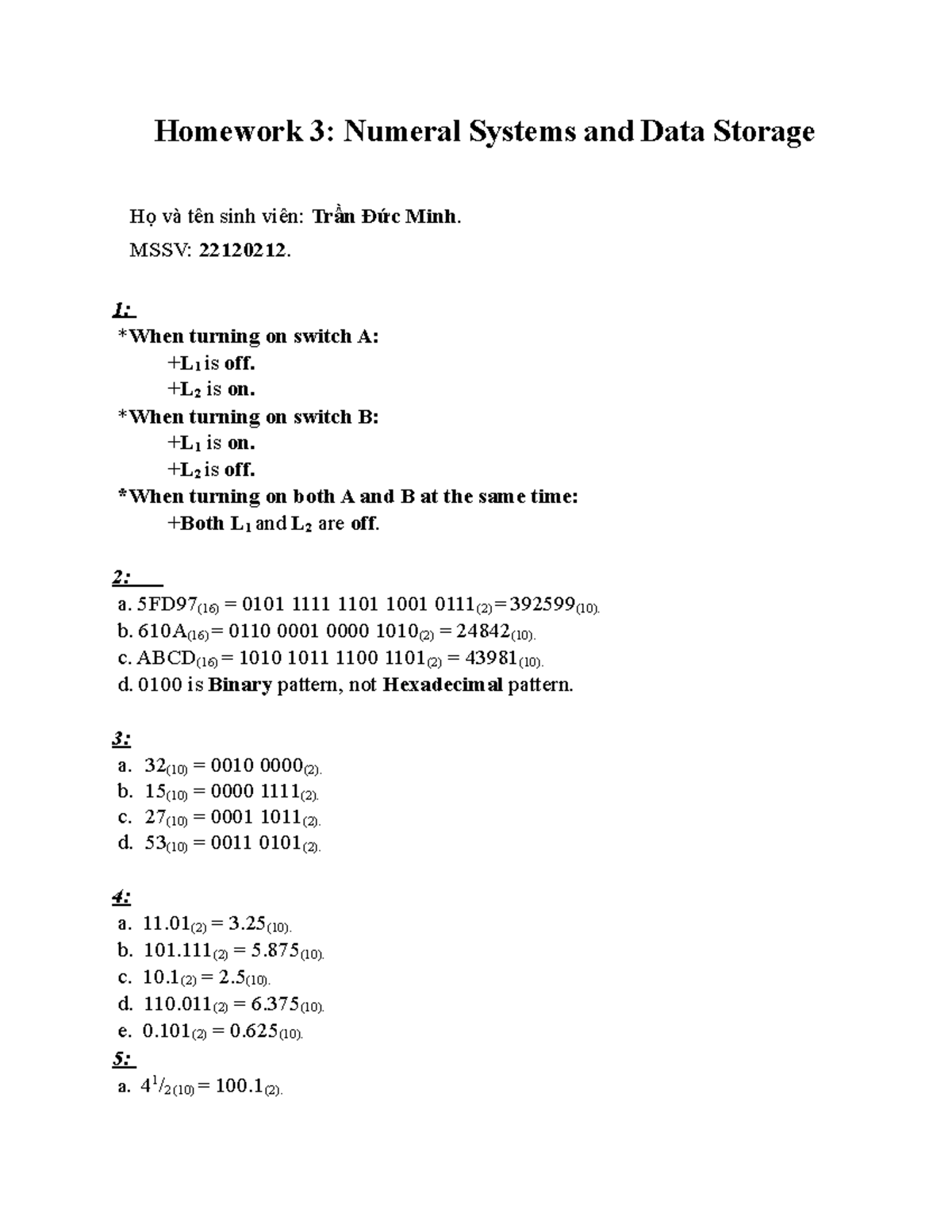 Homework 3 Nmcntt - Bài tập nhập môn - Homework 3: Numeral Systems and ...