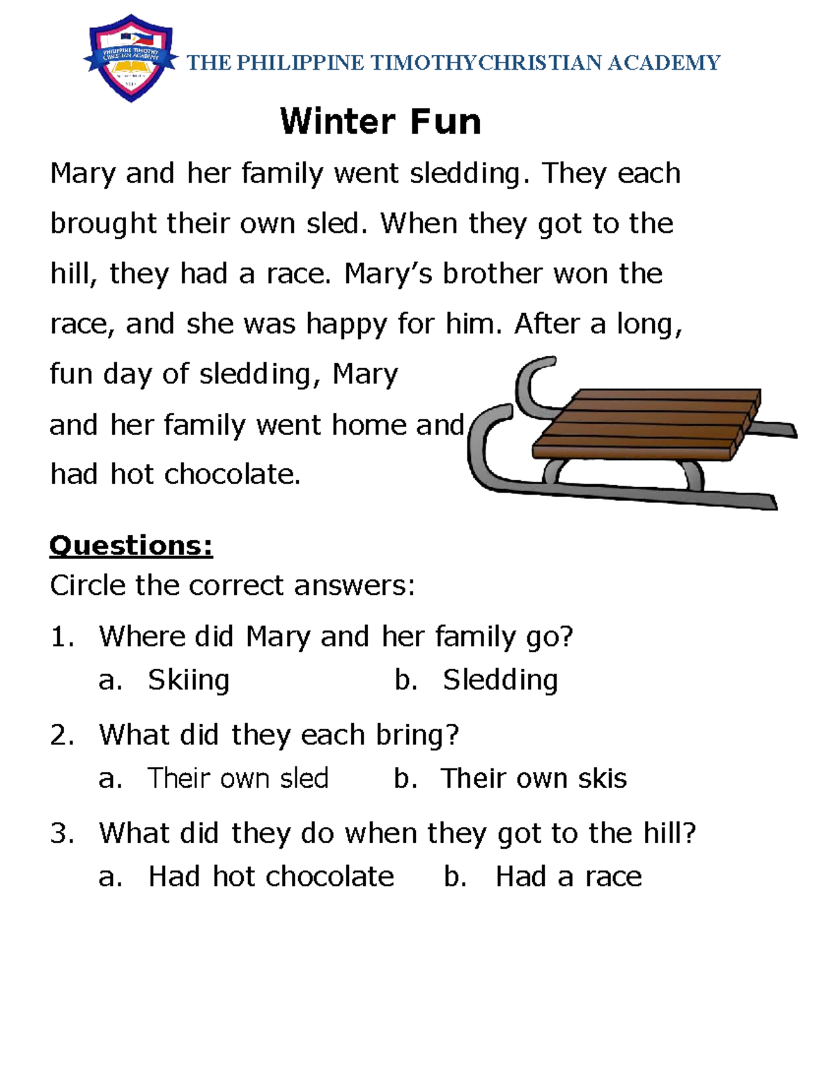 Reading Comprehension: Winter Fun at Timothy Christian Academy - Studocu