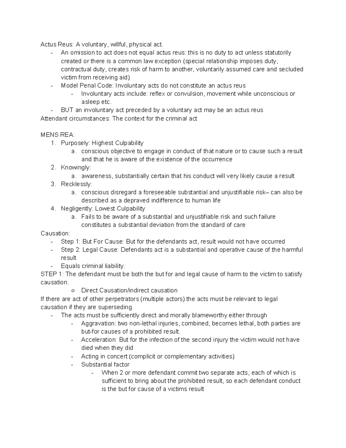 Criminal Law Outline: Key Concepts of Actus Reus & Mens Rea - Studocu