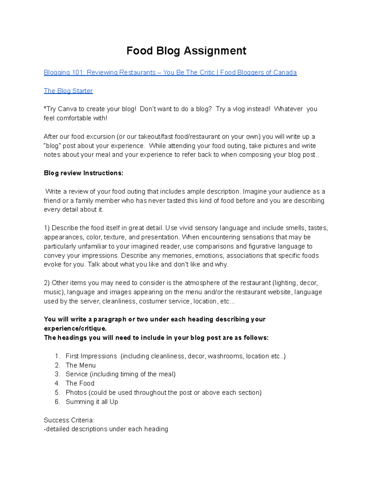 Food Blog Assignment - Report your findings at a restaurant like the ...
