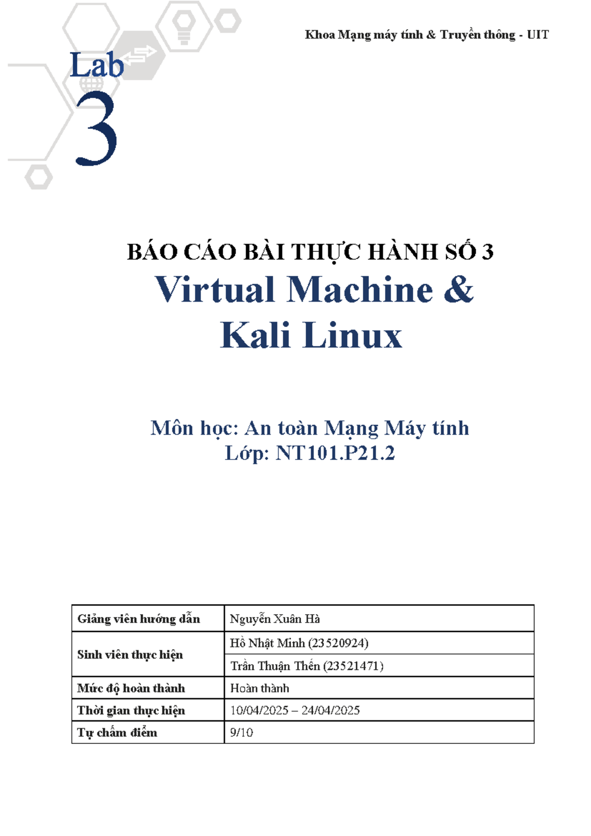 Báo cáo Thực Hành 3: Virtual Machine & Kali Linux - NT101.P21.2 - Studocu