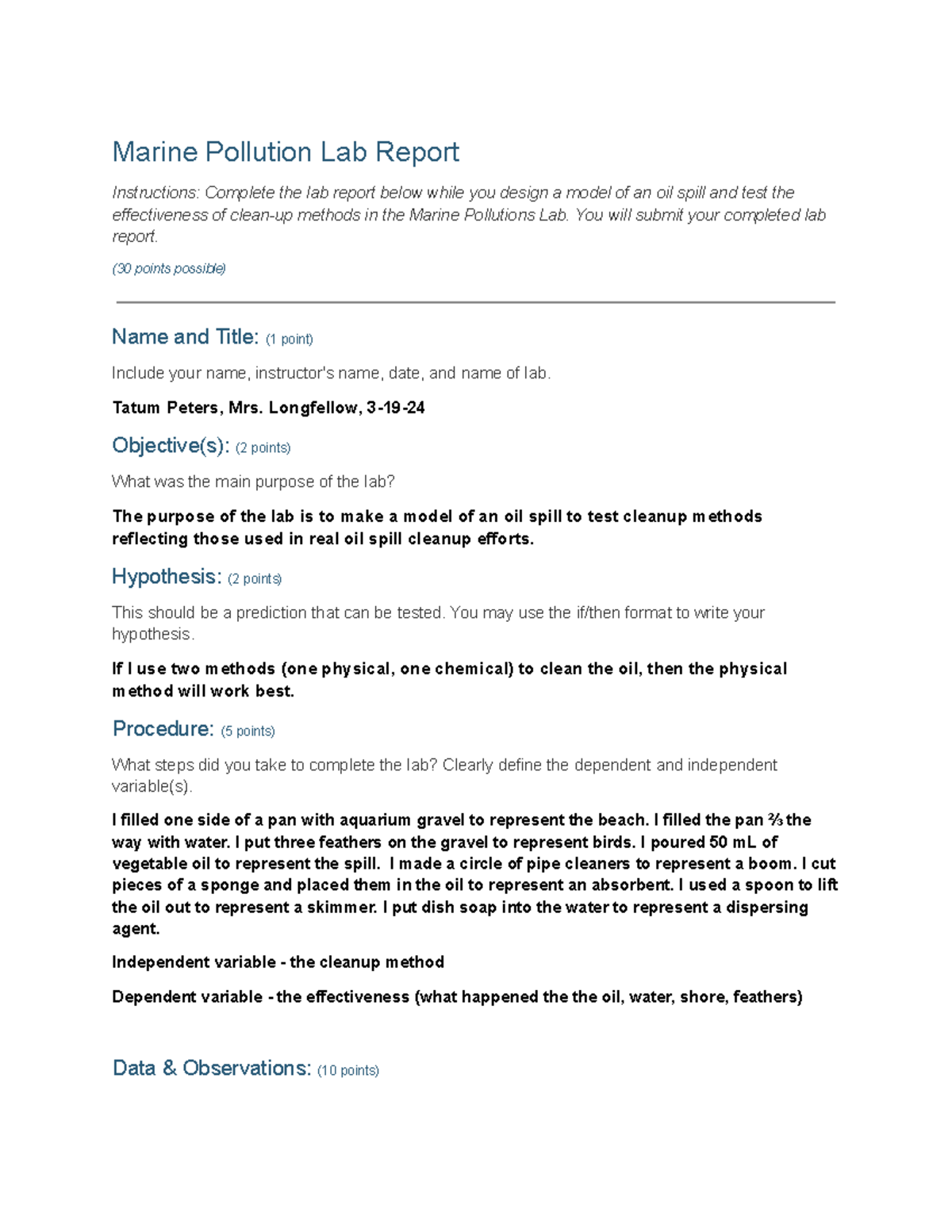 05 06 Marine Science - Marine Pollution Lab Report Instructions ...