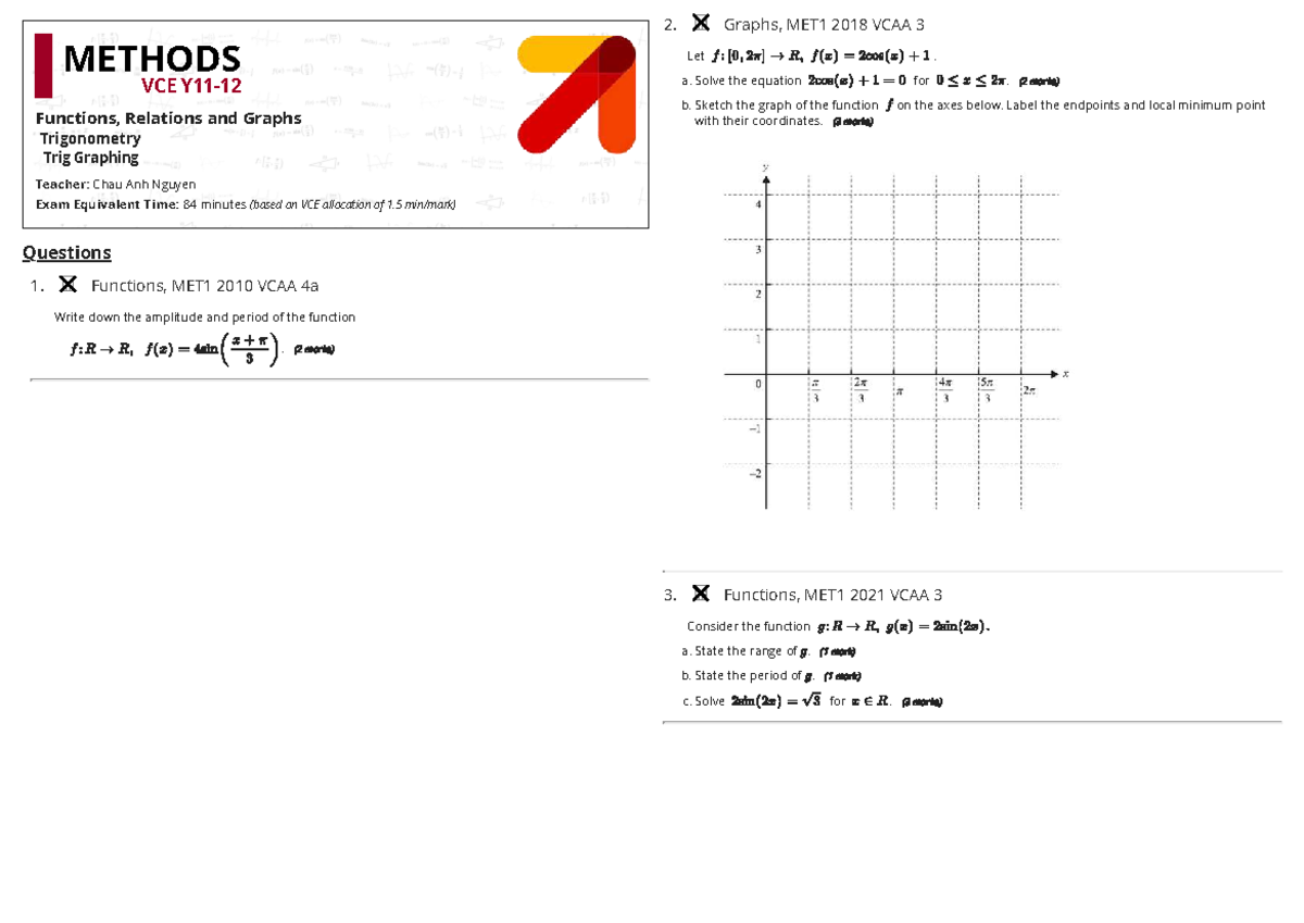 Trig Graphing Methods and Solutions MET1 2018 VCAA - Studocu