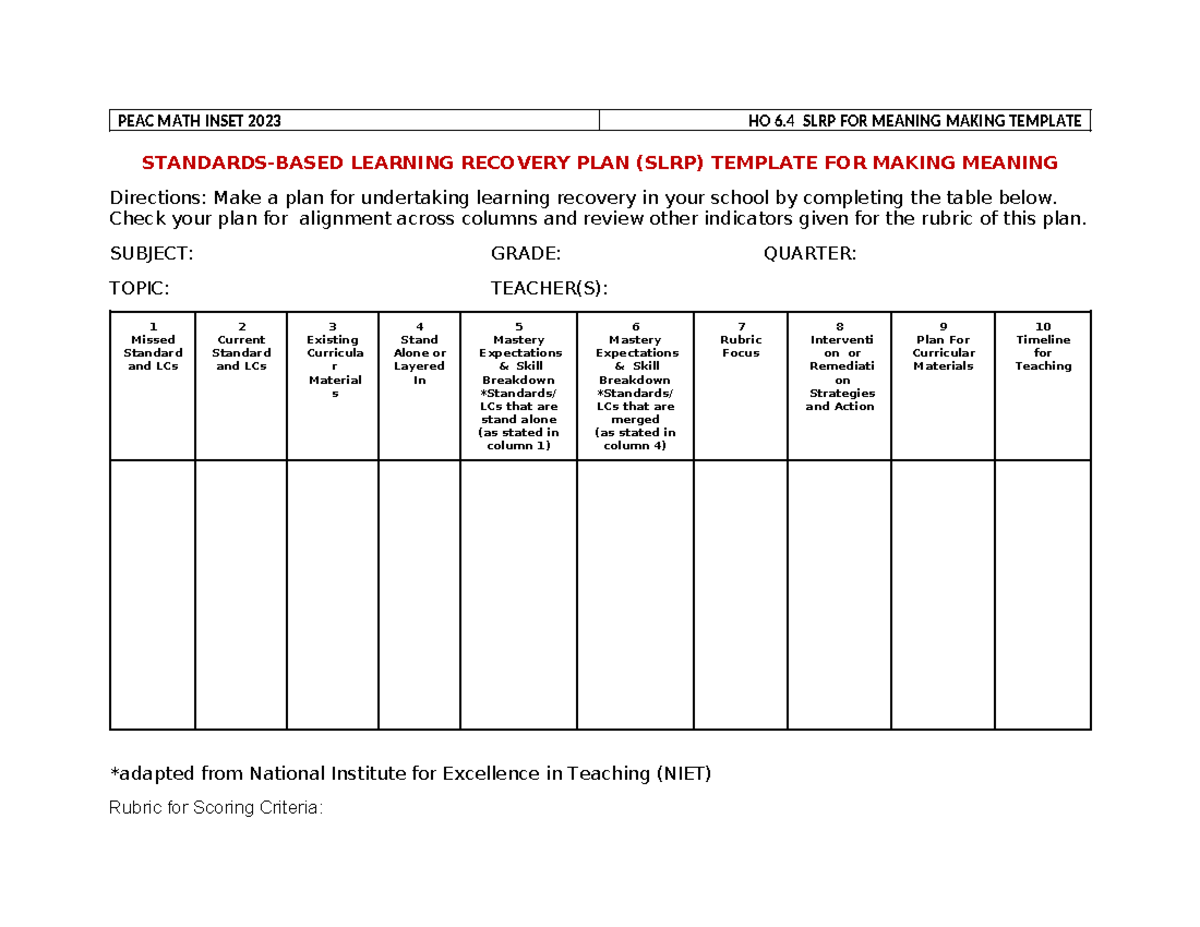 MATH 6.4 SLRP Template for Standards-Based Learning Recovery - Studocu