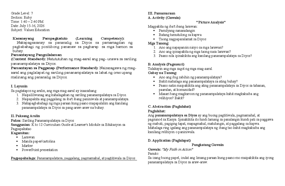 Lesson Plan 4: Values Education for Grade 7 (G7) - Faith and Belief ...