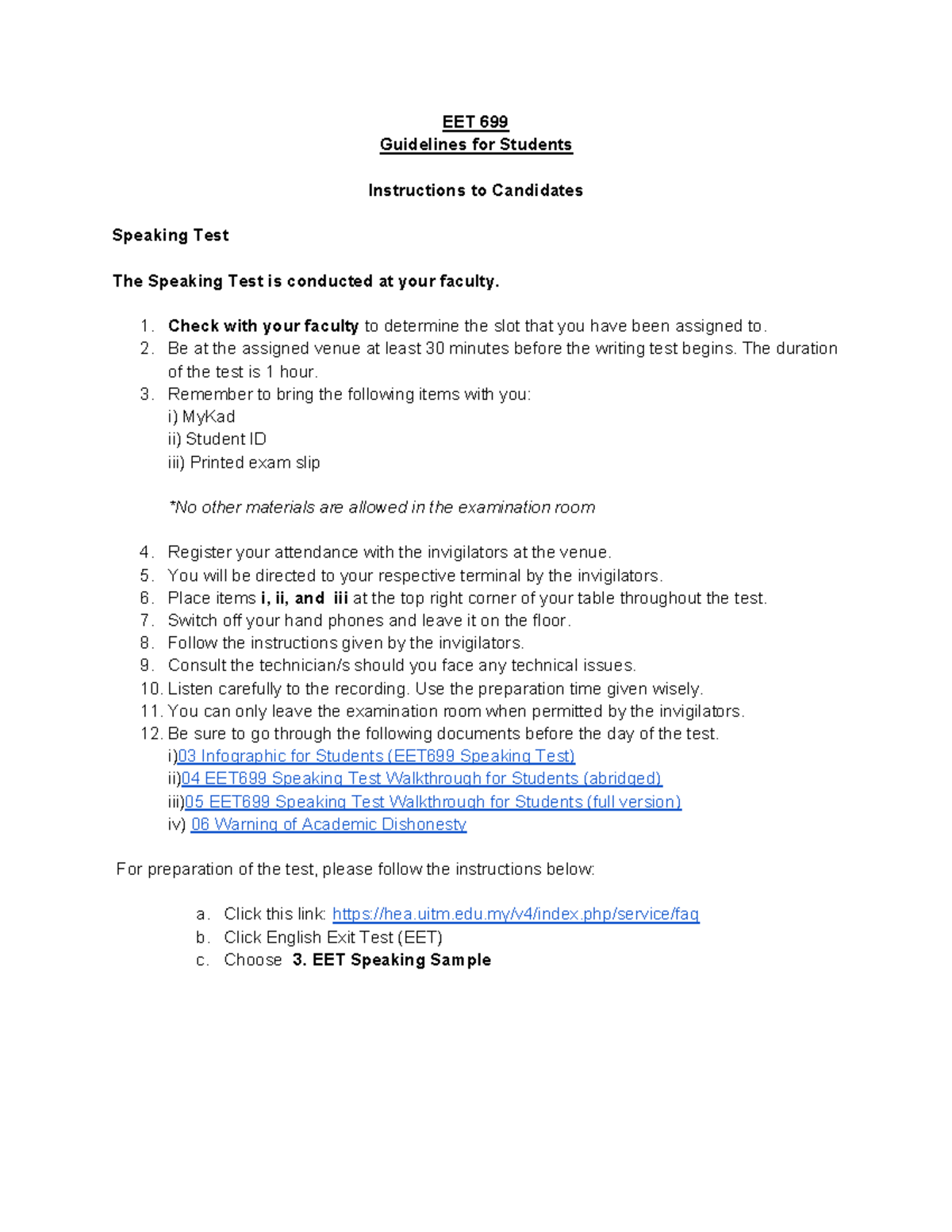 EET 699 Speaking Test Guidelines for Students - Studocu