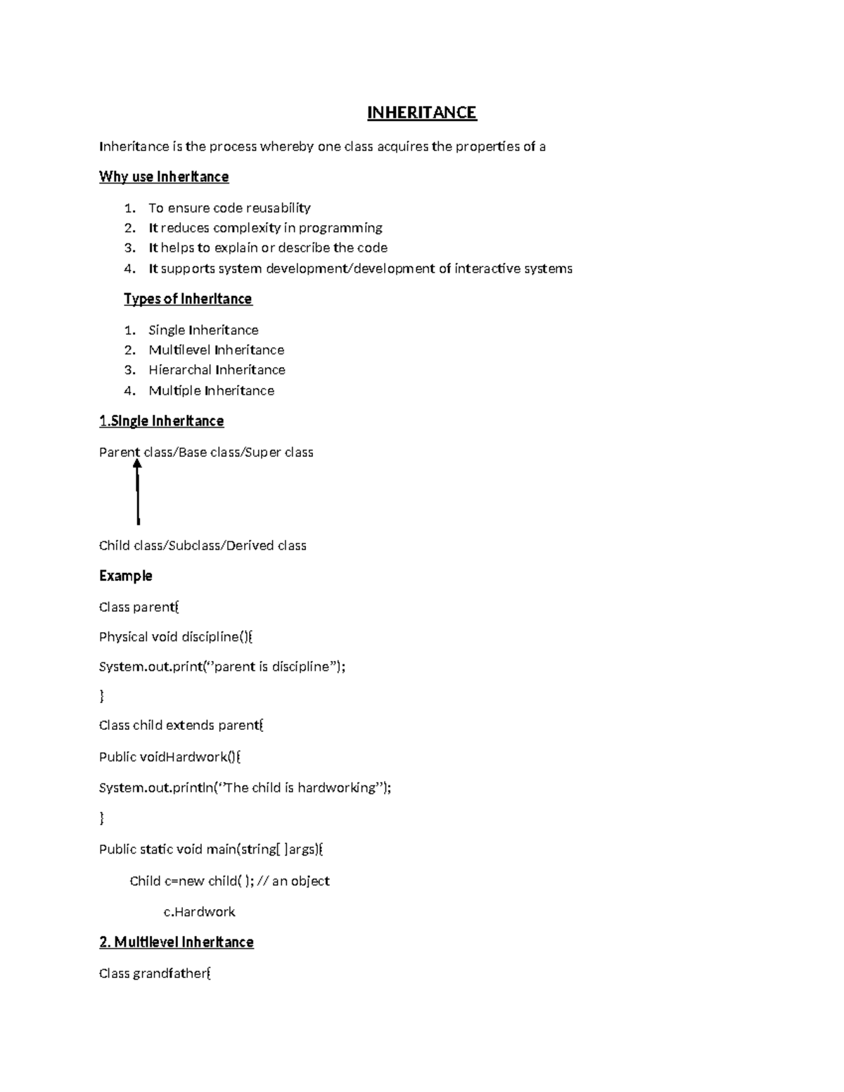 Inheritance Notes: Understanding Types and Benefits - Studocu