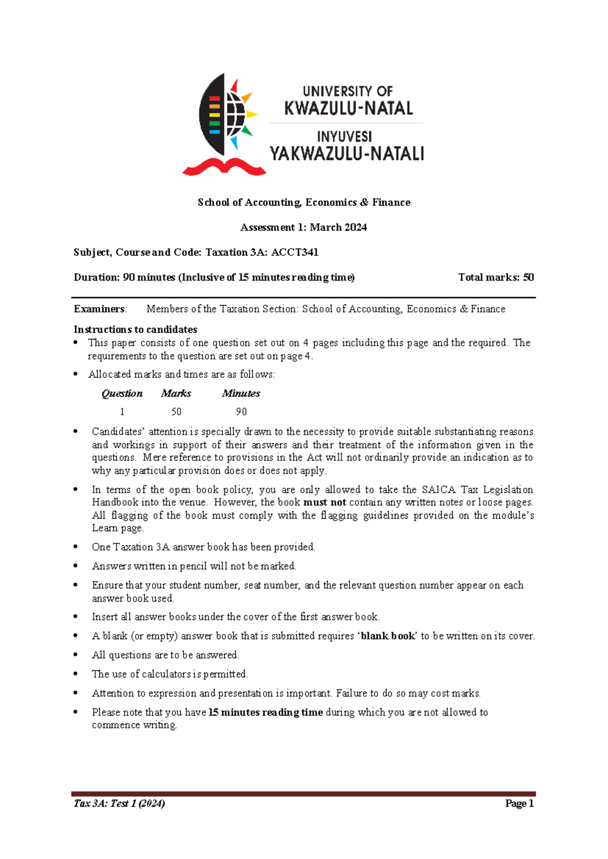 2024 Tax 3A Test 1 Question - Tax 3A: Test 1 (2024) Page 1 School of ...