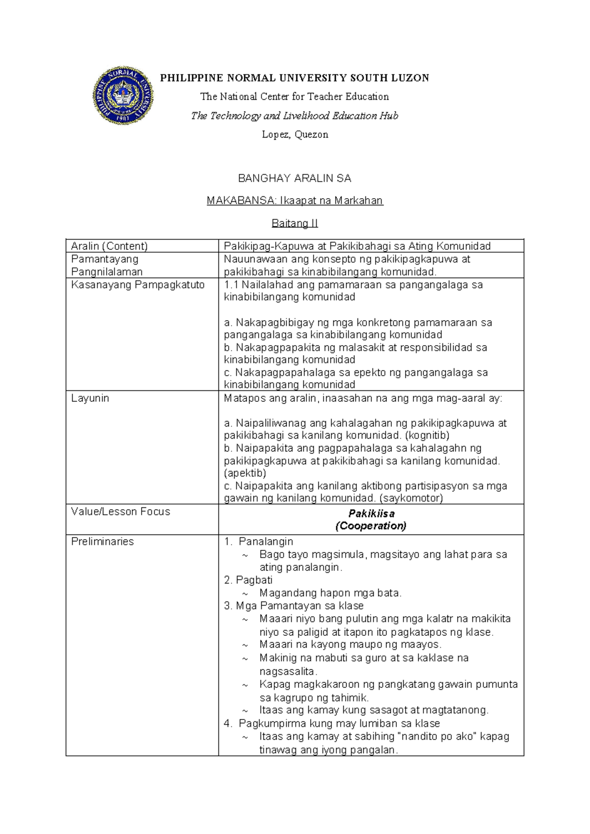 Pakikipag-Kapuwa at Pakikibahagi: Banghay Aralin Baitang II - Studocu