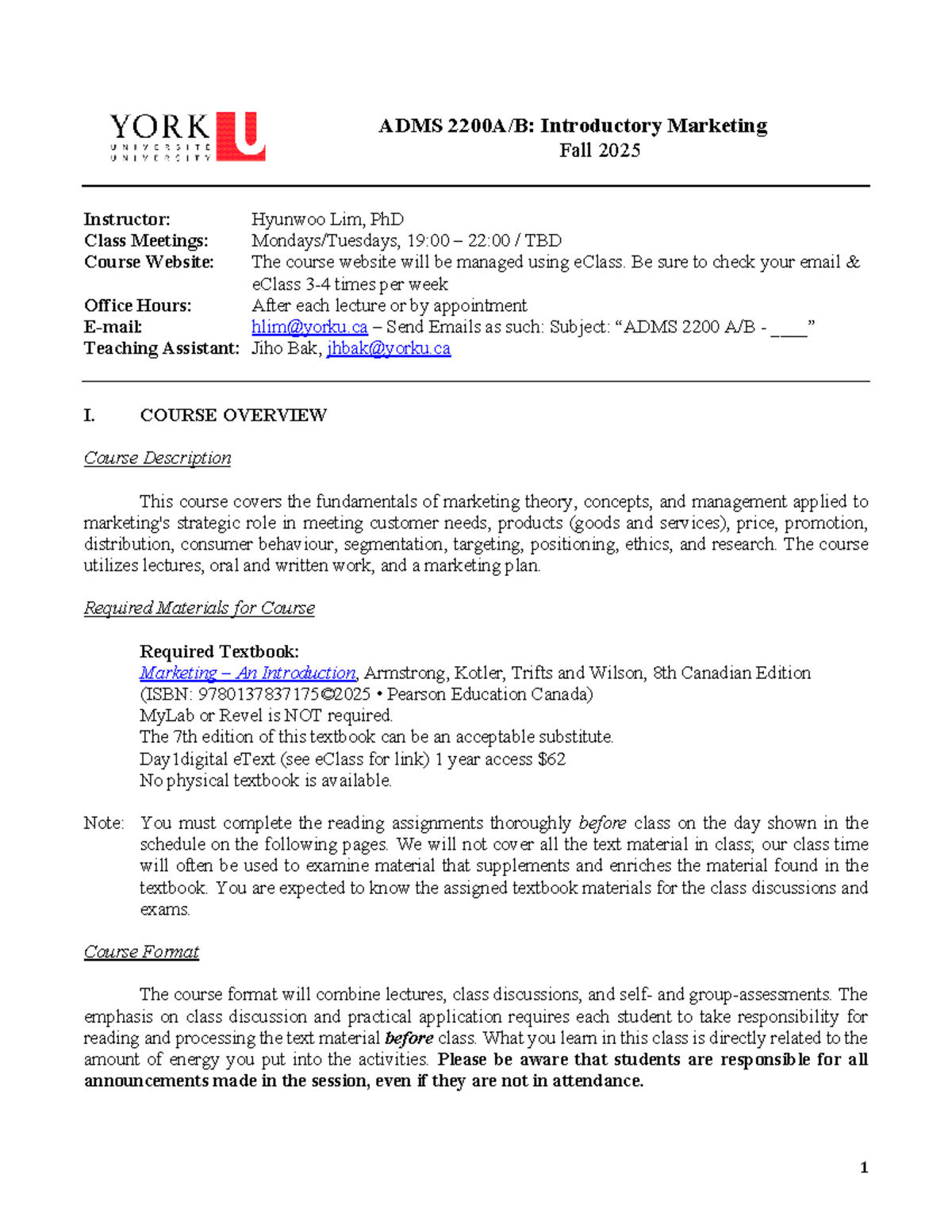 ADMS 2200 AB Introductory Marketing Course Outline Fall 2025 - Studocu
