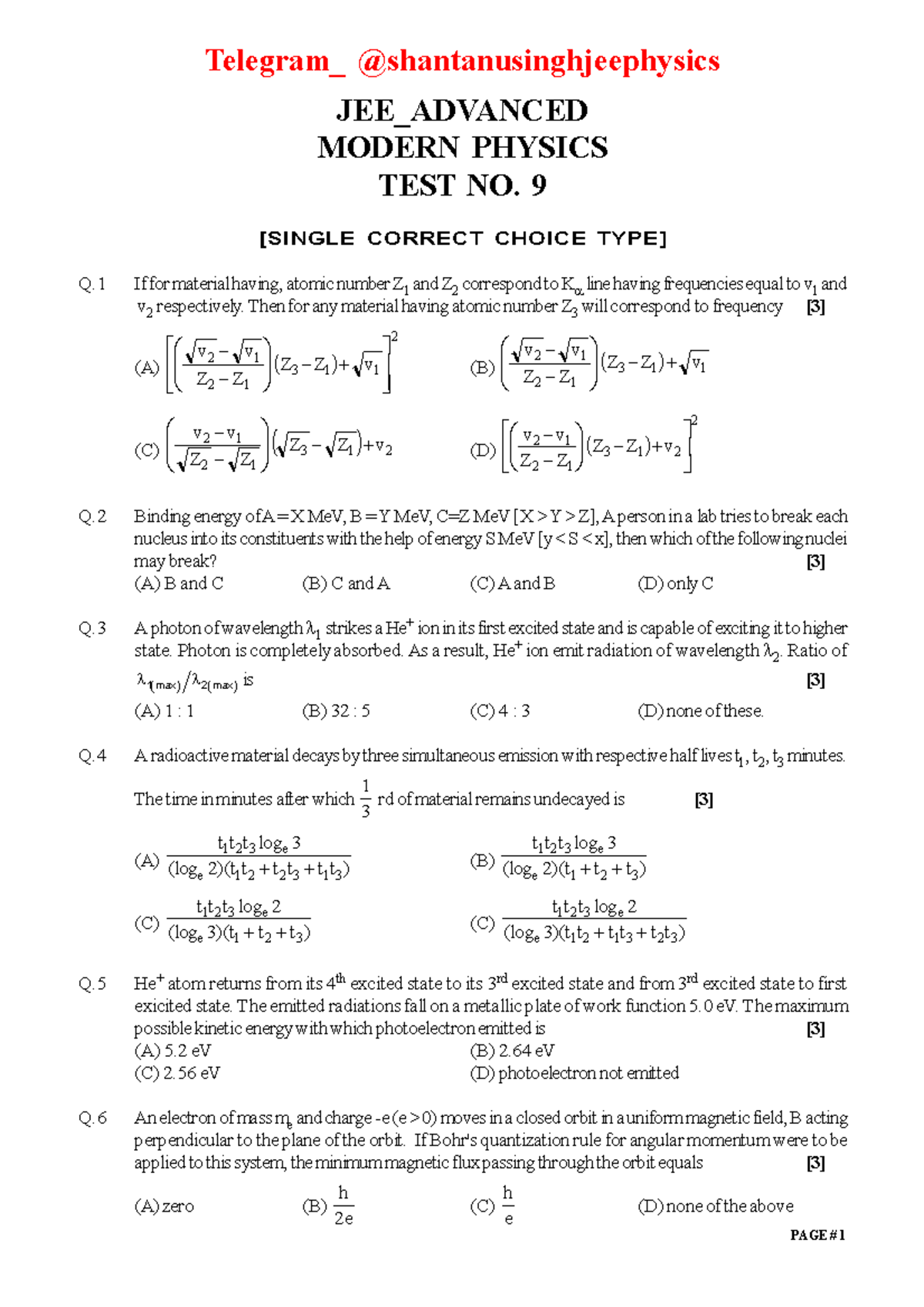 Test Modern Physics Single Correct Choice Type Q If For Material