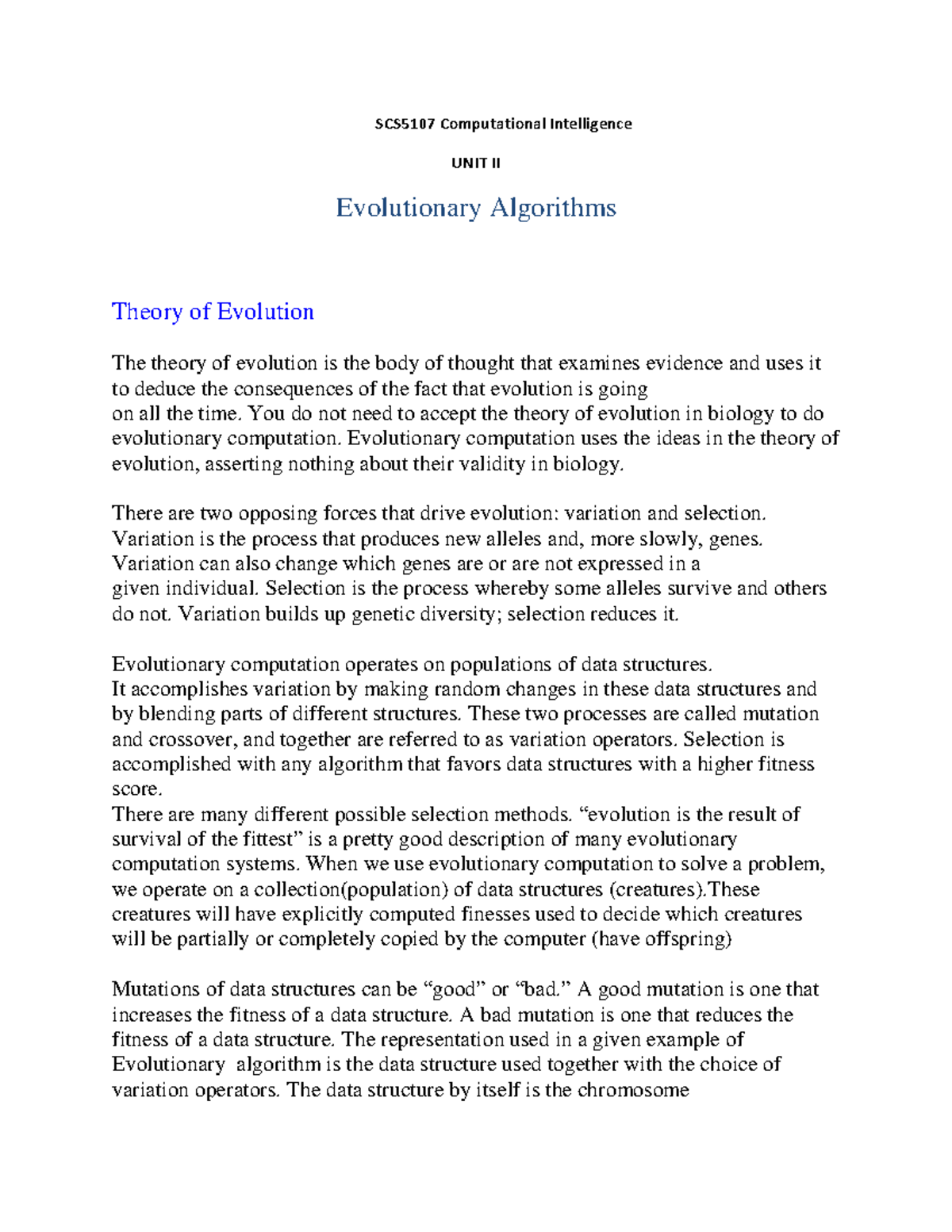 SCS5107 Evolutionary Algorithms: Comprehensive Study Notes - Studocu