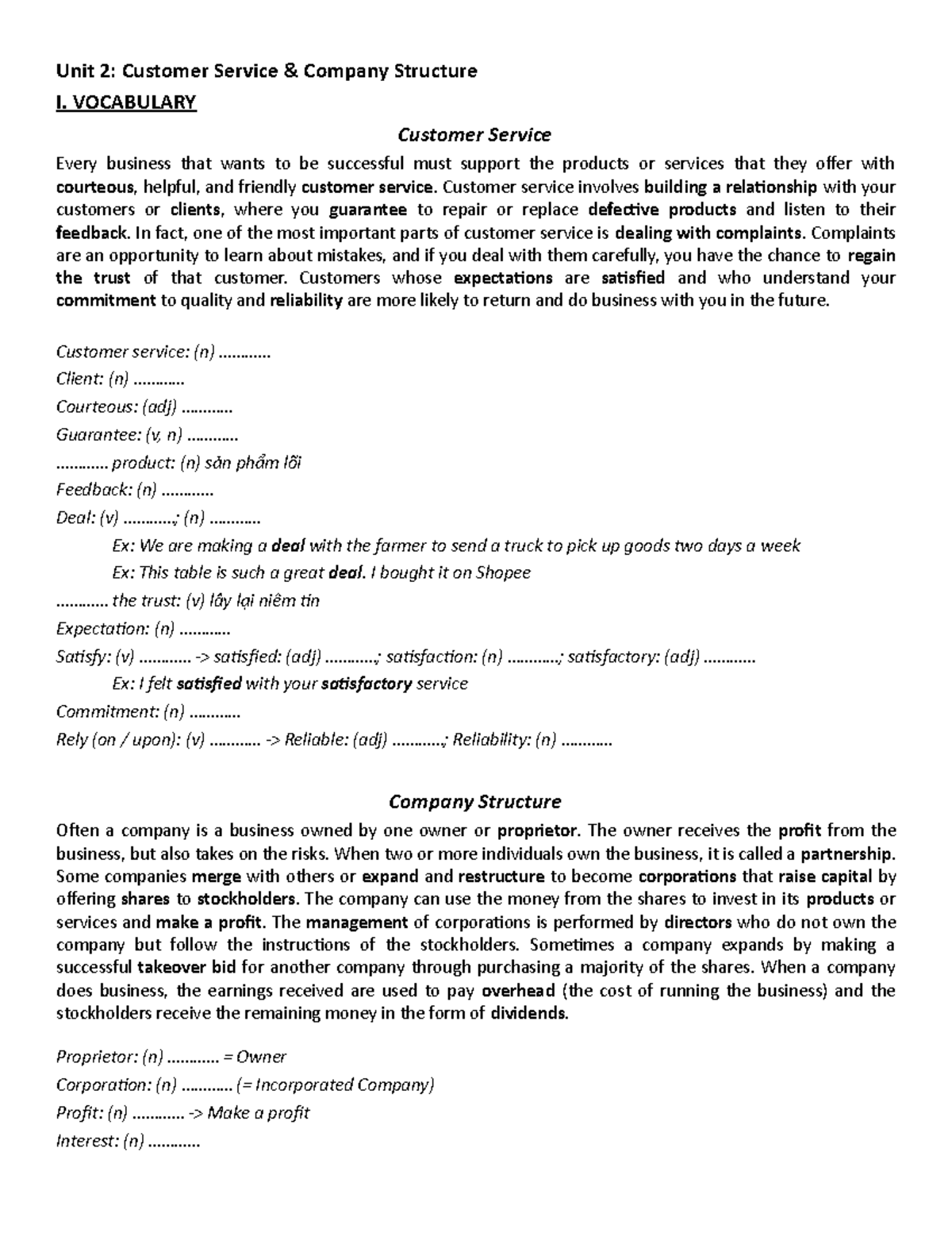 Unit 3 - Customer Service & Company Structure Notes - Studocu