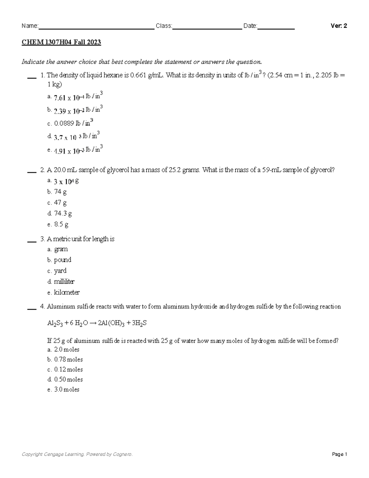 CHEM 1307H04 Fall 2023 Final Exam Answer Key - Studocu
