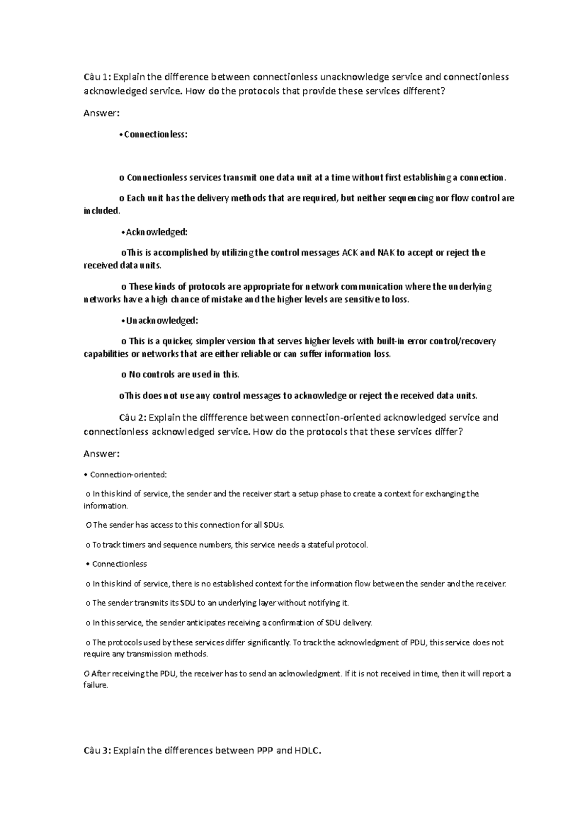 Nwc - ok good - Câu 1: Explain the difference between connectionless ...