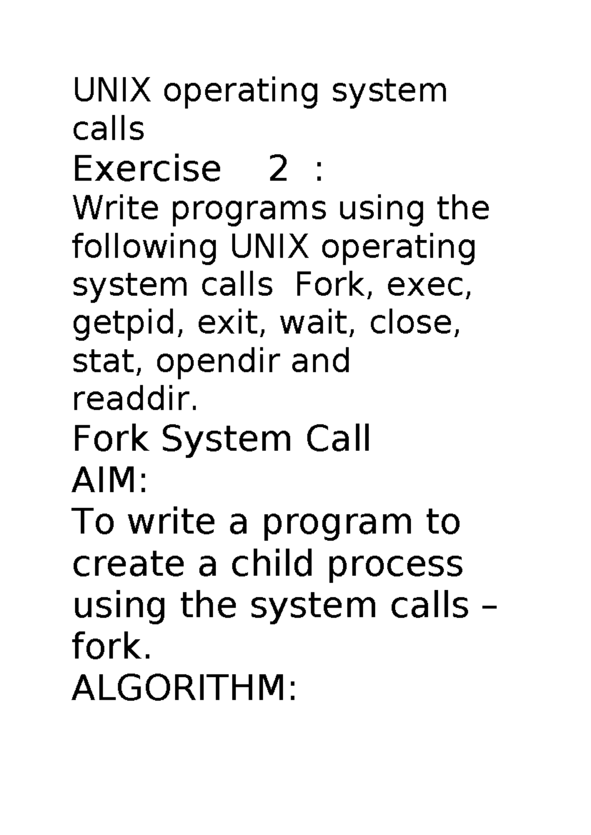 UNIX OS Calls - Fork, Exec, Getpid, Stat, Wait Programming Guide - Studocu