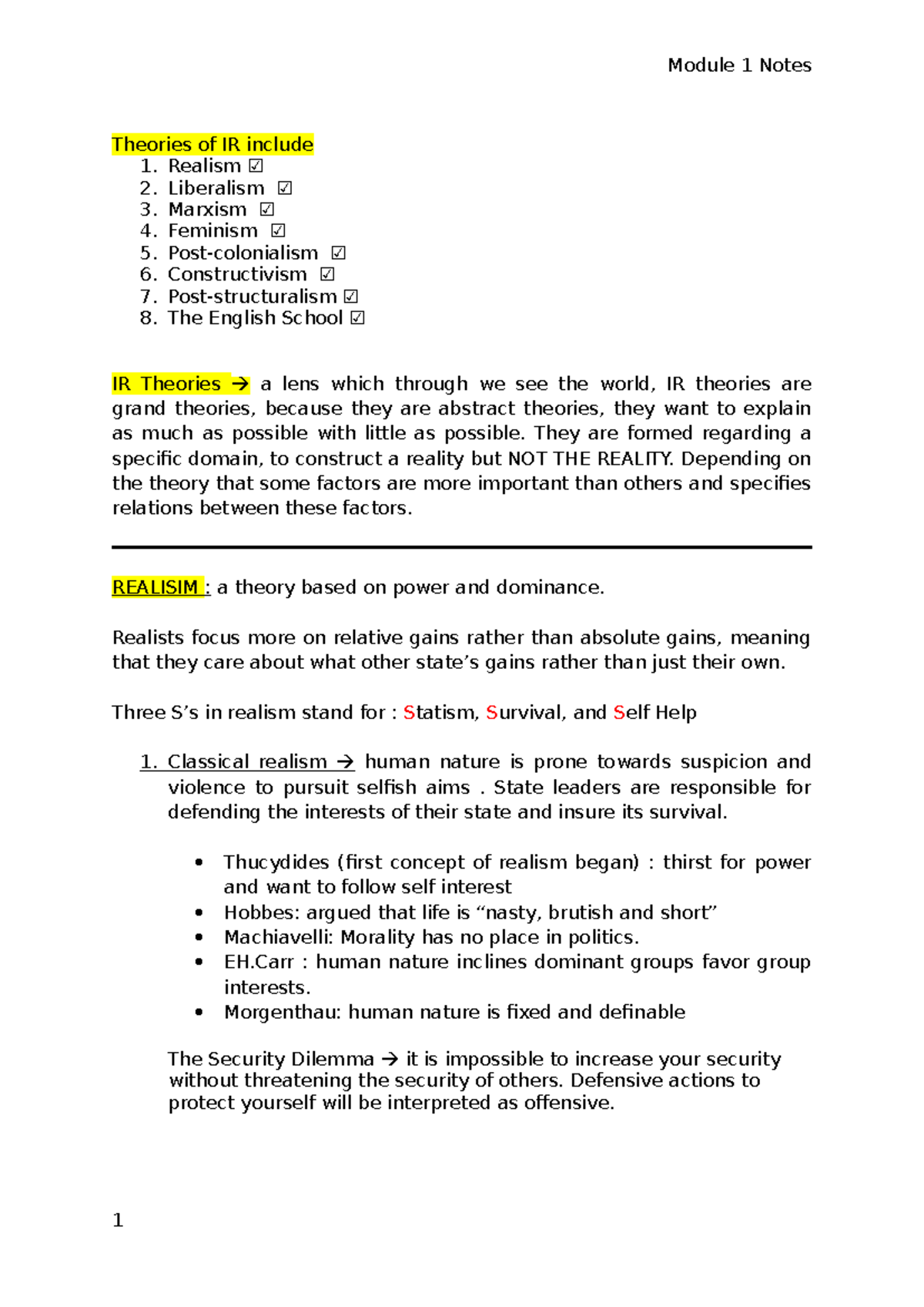 IR Theories: Key Concepts and Perspectives (Module 1 Notes) - Studocu