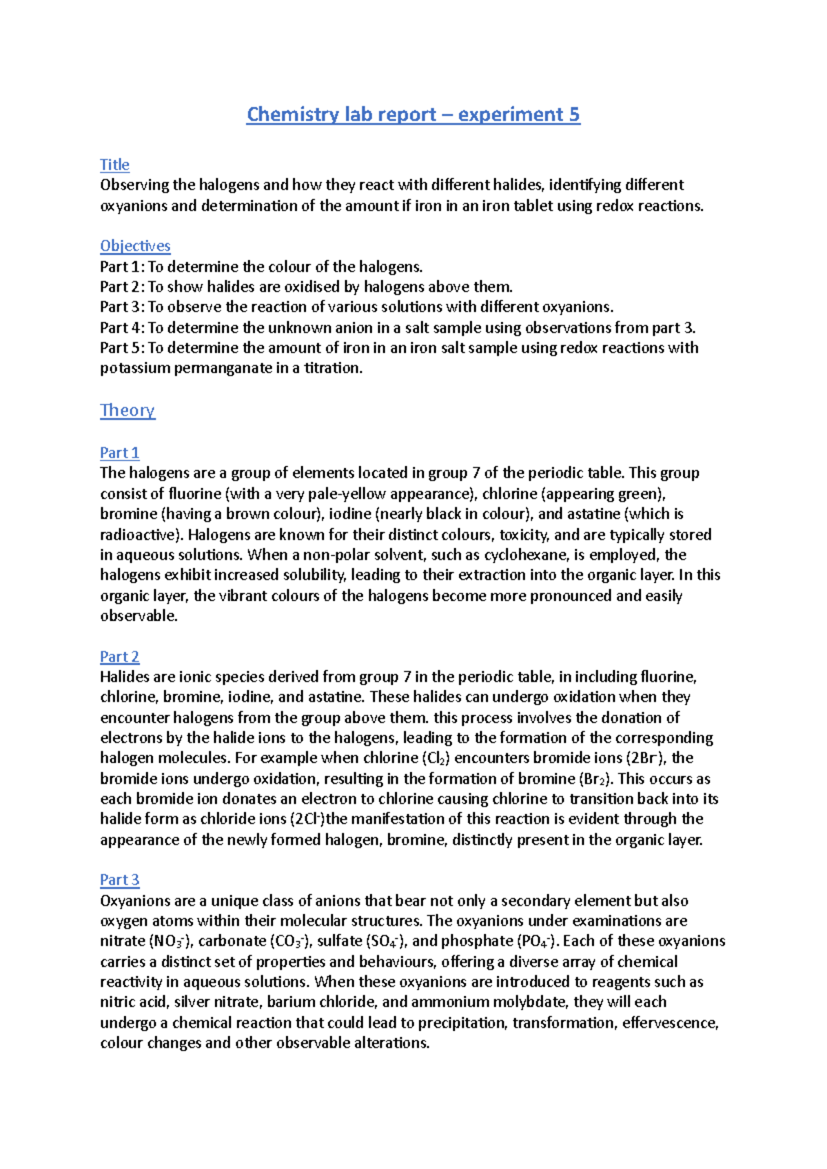 Chemistry lab report - experiment 5 - Objec7ves Part 1 : To determine ...