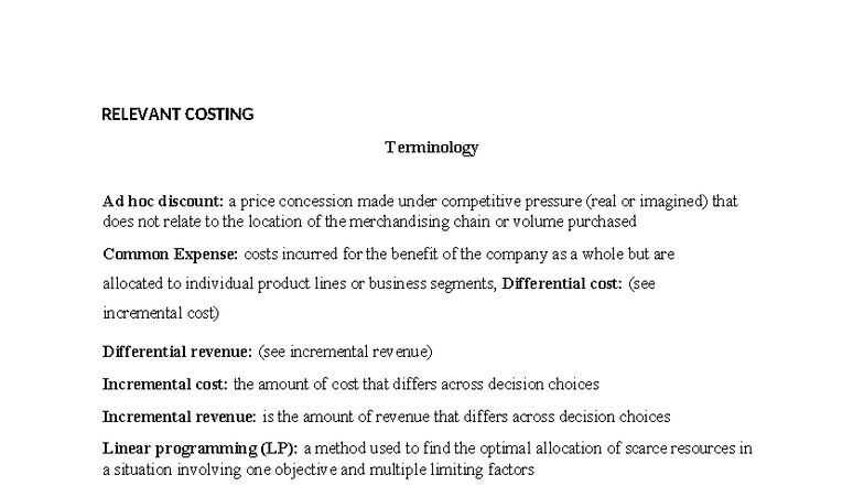 Relevant Costing Concepts and Terminology - Module Notes - Studocu