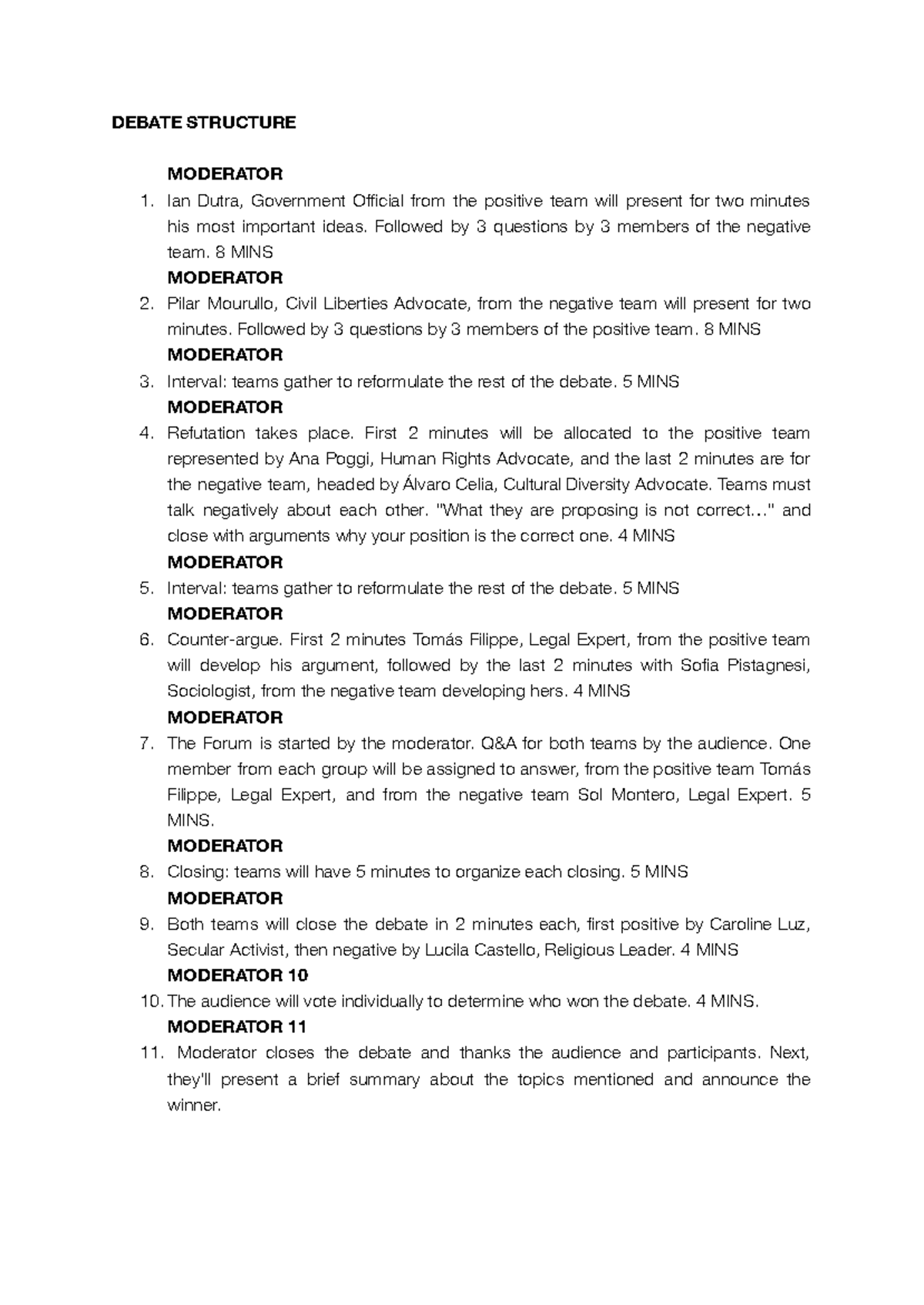 Debate Structure Overview: Roles & Timings for Teams - Studocu