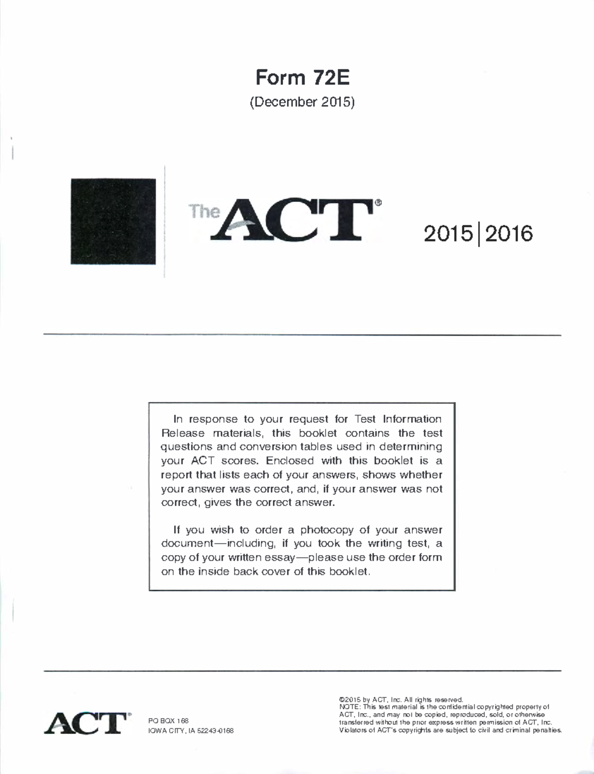 2015 December ACT Form 72E Test Information Release Materials - Studocu