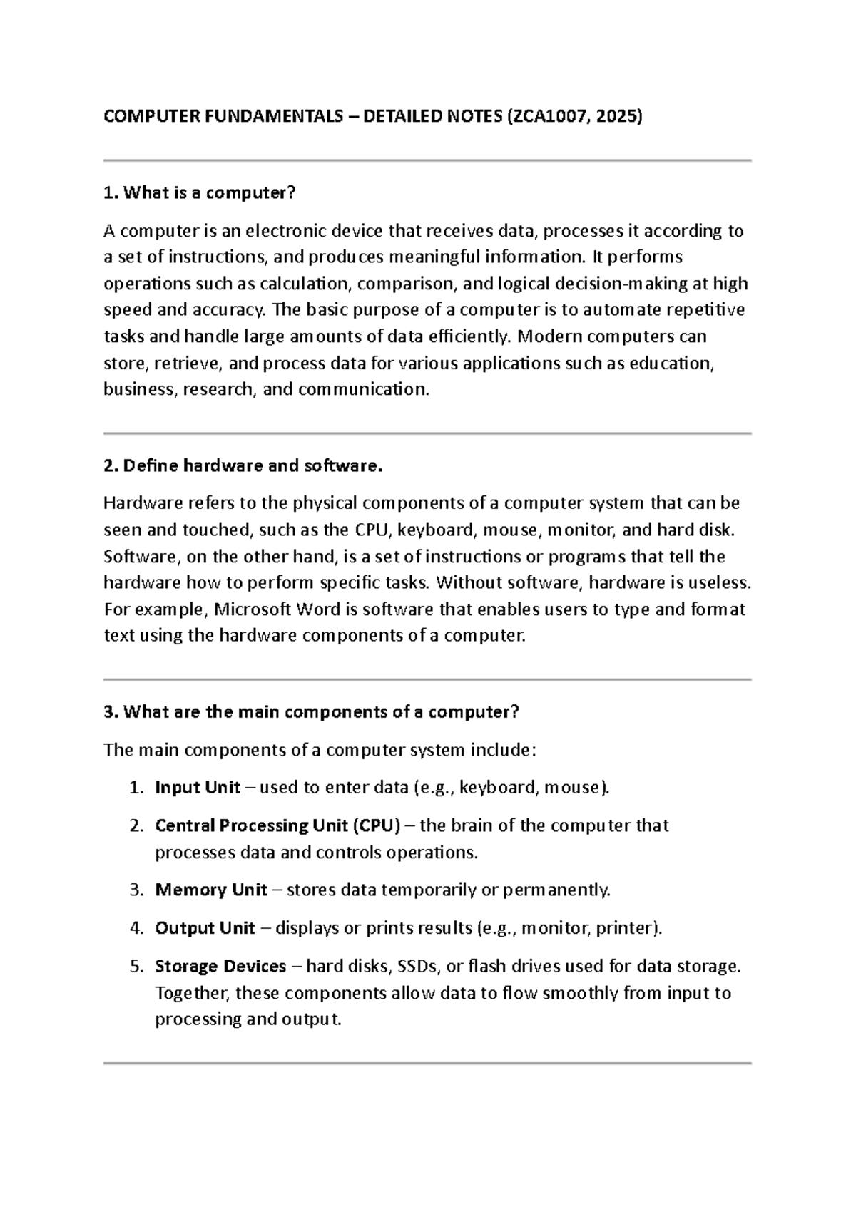 COMPUTER FUNDAMENTALS DETAILED NOTES (ZCA1007, 2025) - Studocu